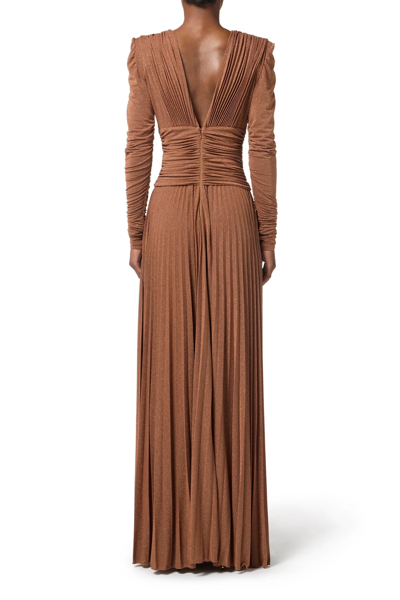 MEROY BROWN DEEP V PUFF SLEEVE PLEATED MAXI DRESS