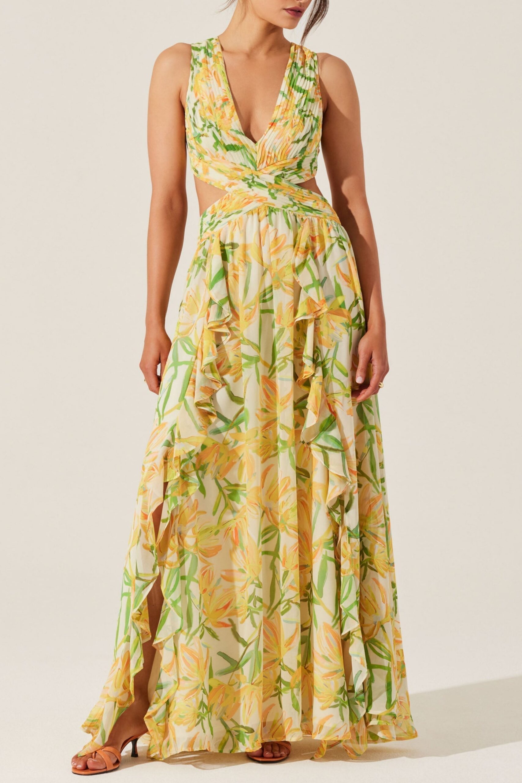 ALYSSA RUFFLE FLORAL CUTOUT YELLOW MAXI DRESS