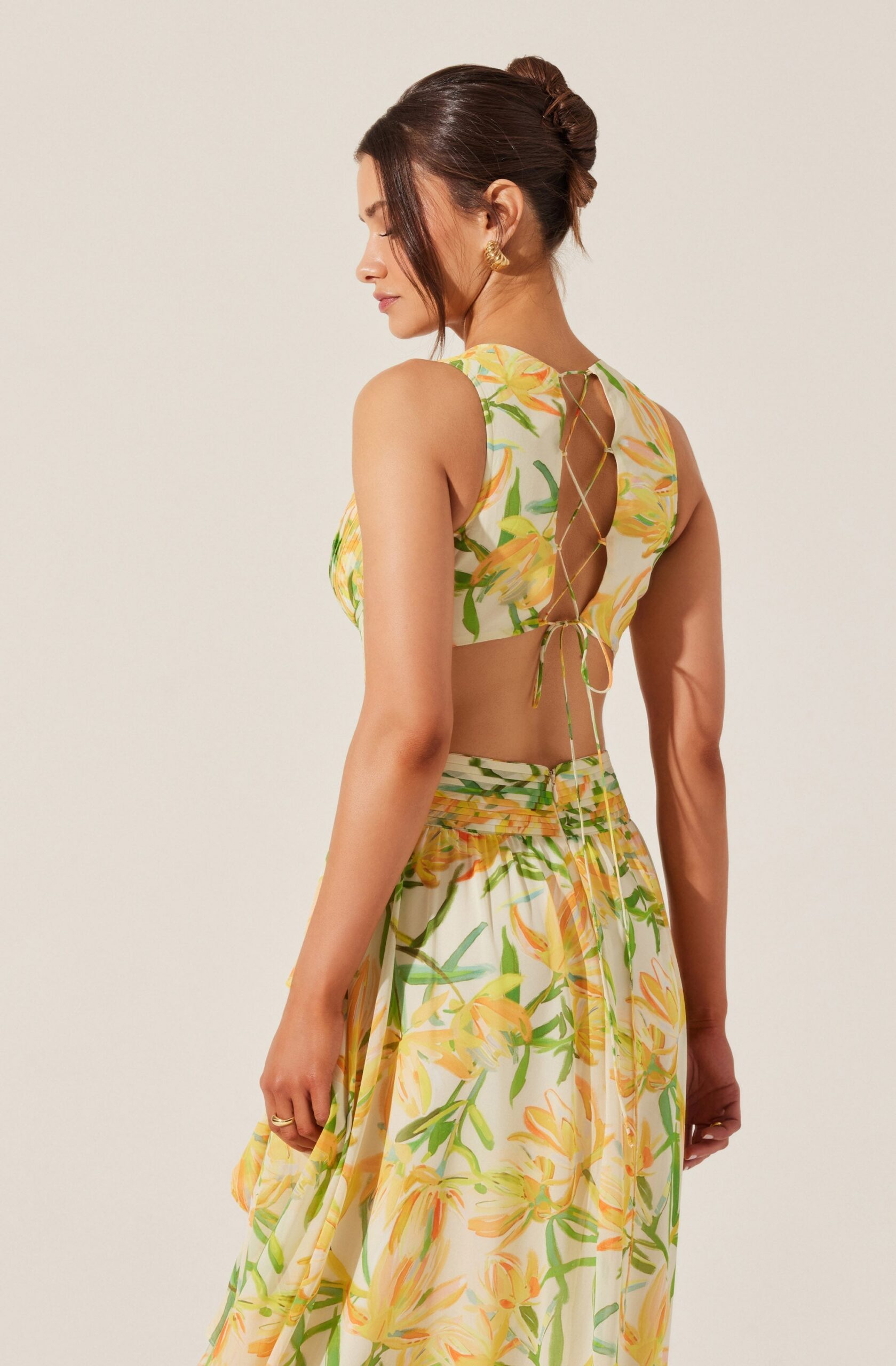 ALYSSA RUFFLE FLORAL CUTOUT YELLOW MAXI DRESS