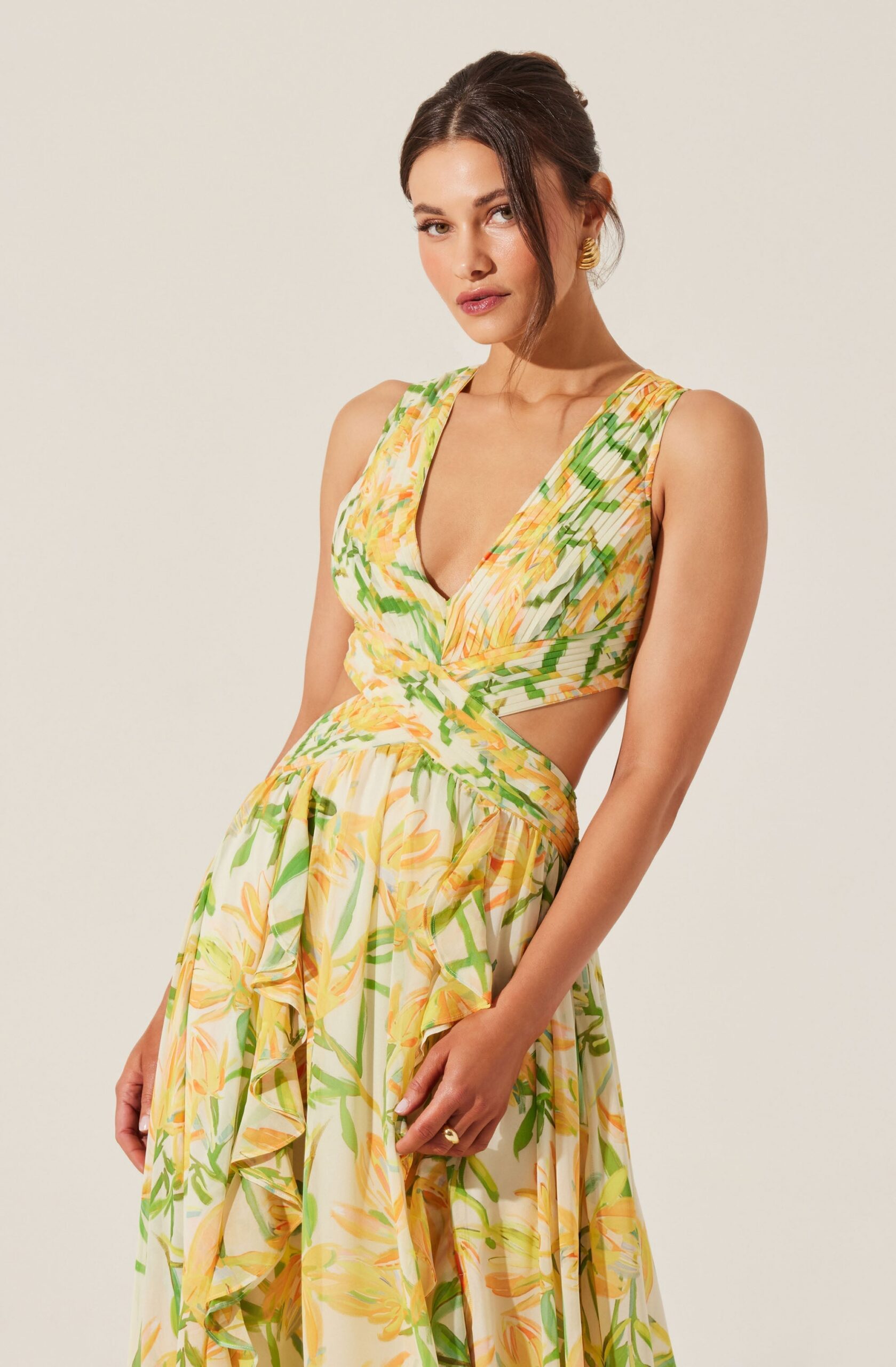 ALYSSA RUFFLE FLORAL CUTOUT YELLOW MAXI DRESS