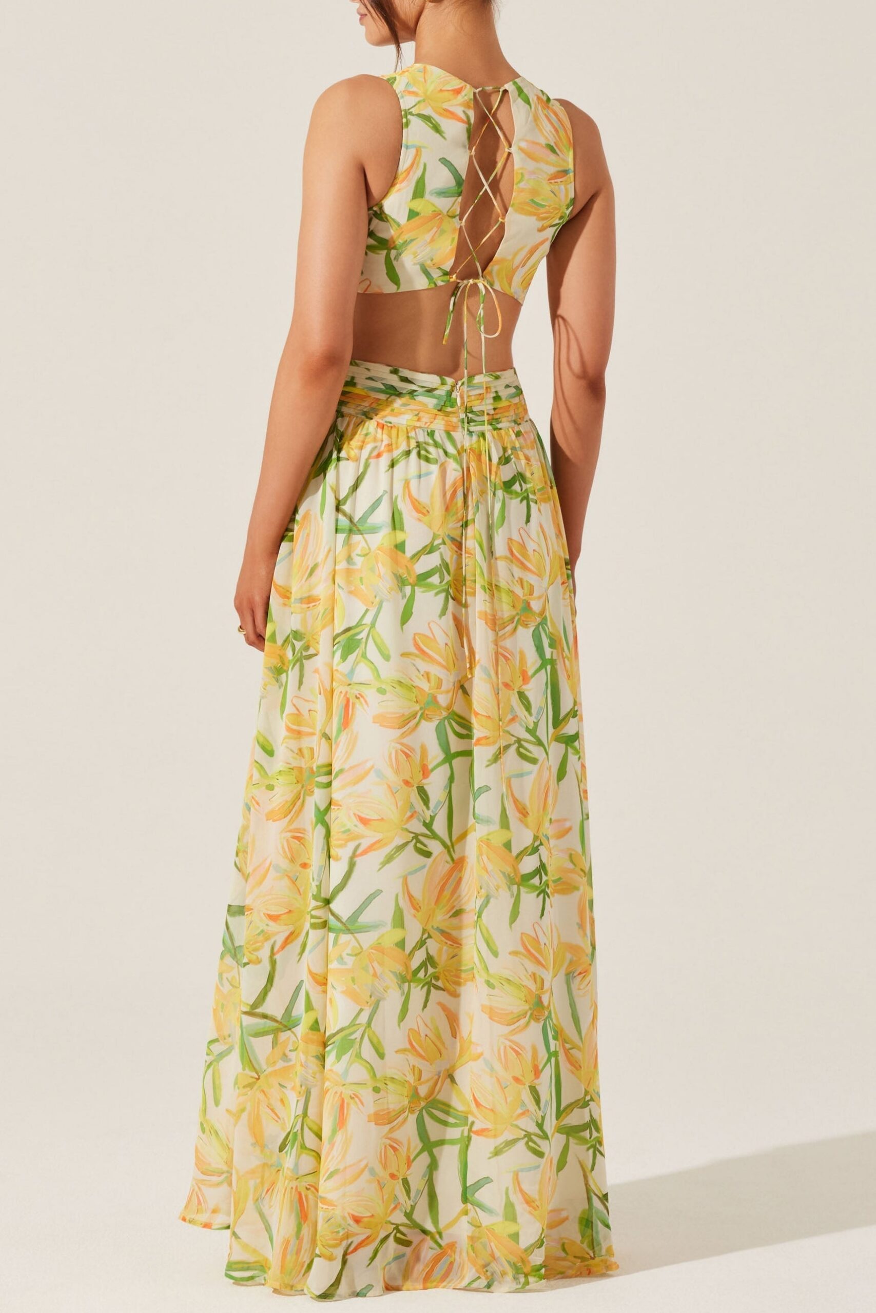 ALYSSA RUFFLE FLORAL CUTOUT YELLOW MAXI DRESS
