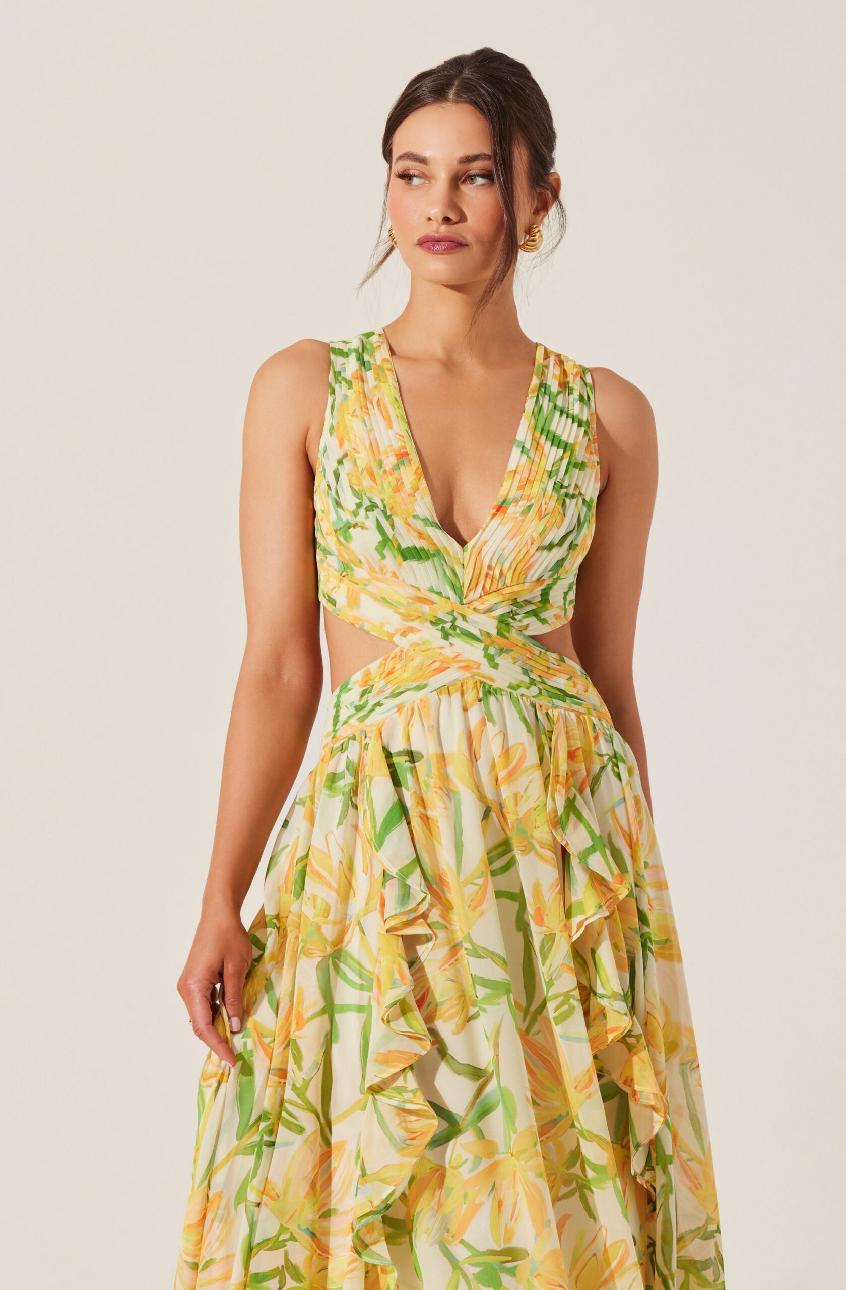 ALYSSA RUFFLE FLORAL CUTOUT YELLOW MAXI DRESS