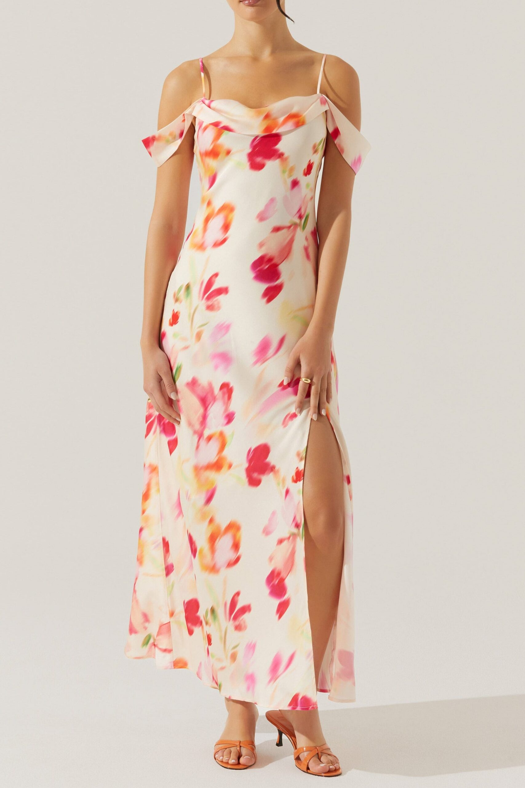 SATIN SLIT COLD SHOULDER MAXI DRESS PINK WATERCOLOR