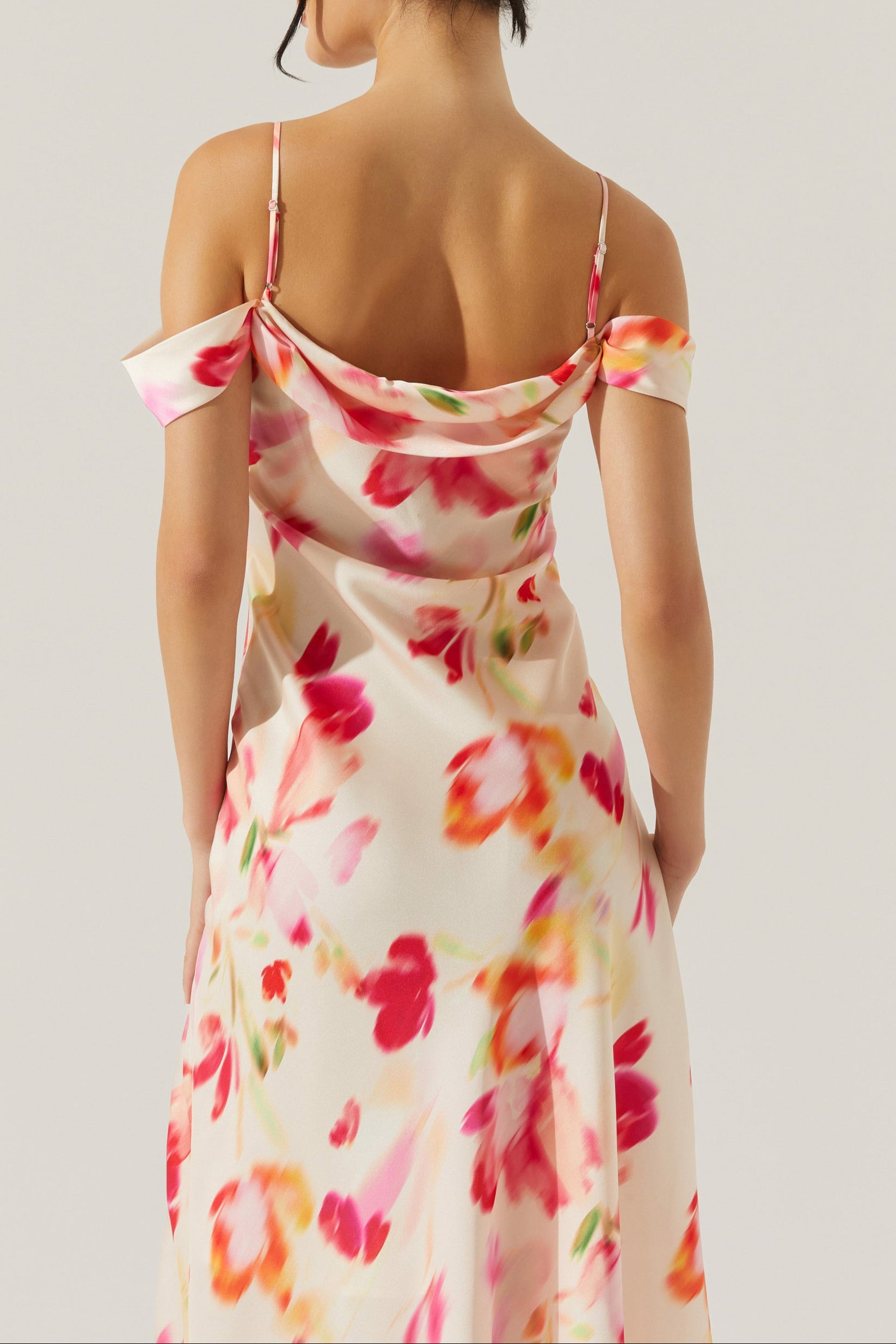 SATIN SLIT COLD SHOULDER MAXI DRESS PINK WATERCOLOR