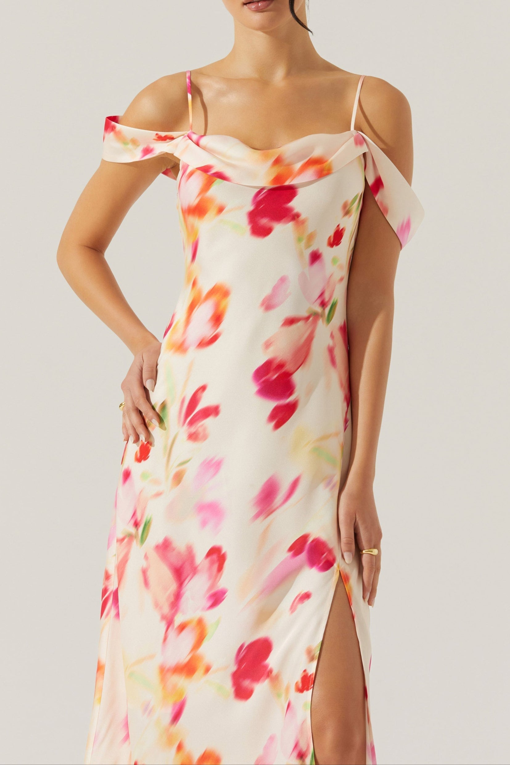 SATIN SLIT COLD SHOULDER MAXI DRESS PINK WATERCOLOR