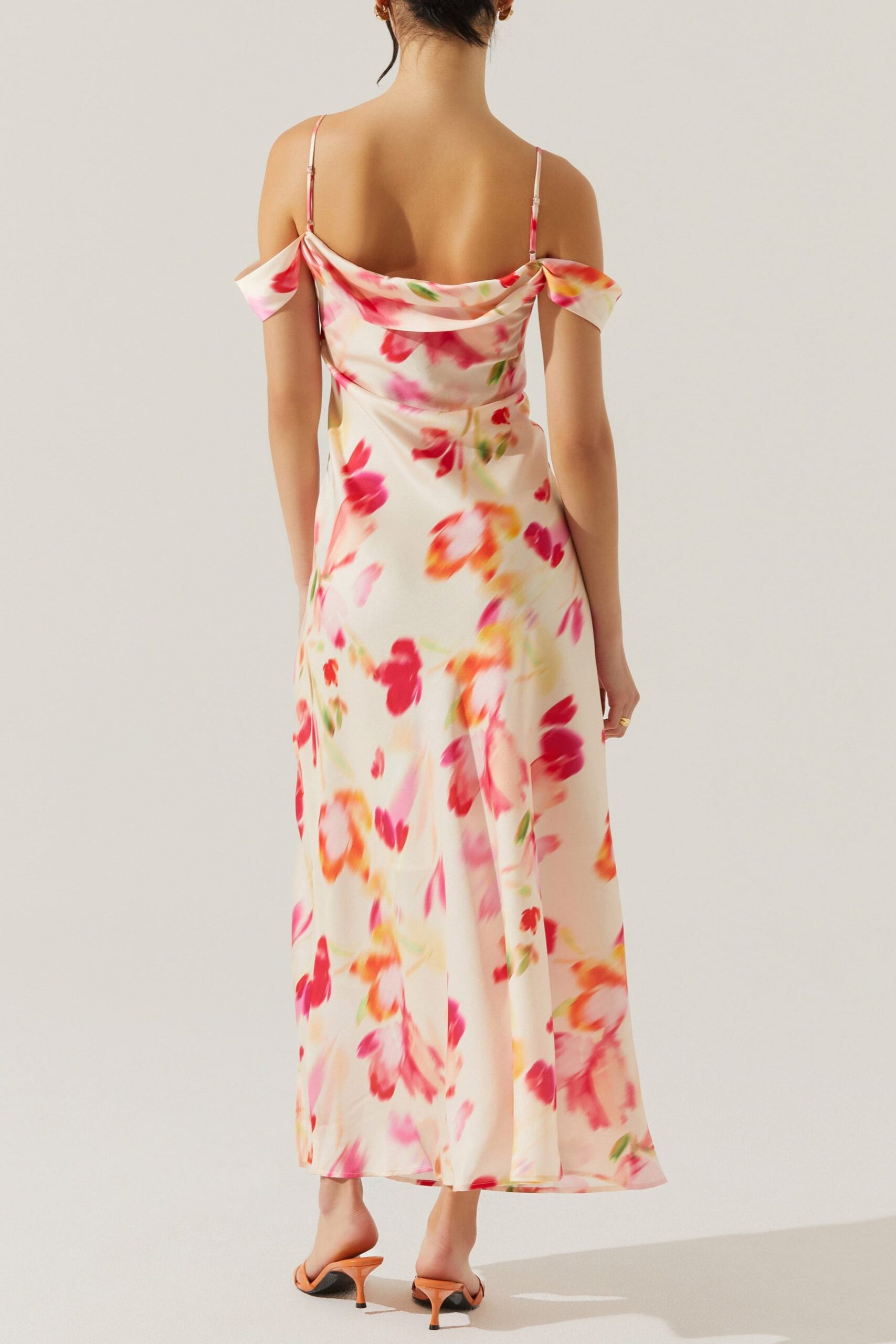 SATIN SLIT COLD SHOULDER MAXI DRESS PINK WATERCOLOR