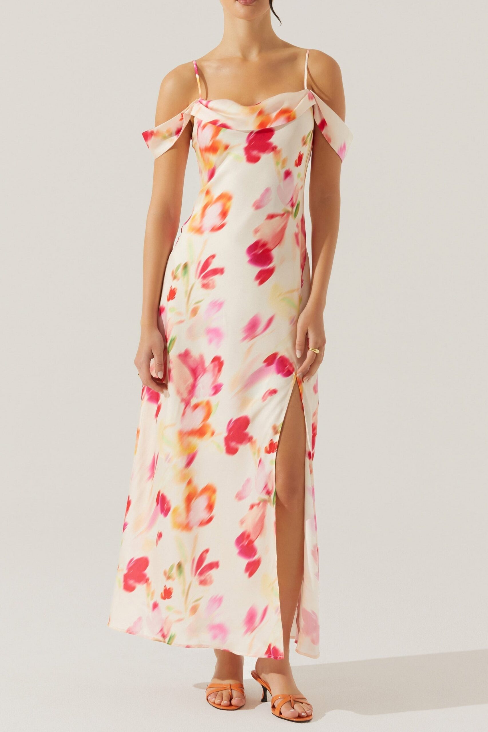 SATIN SLIT COLD SHOULDER MAXI DRESS PINK WATERCOLOR
