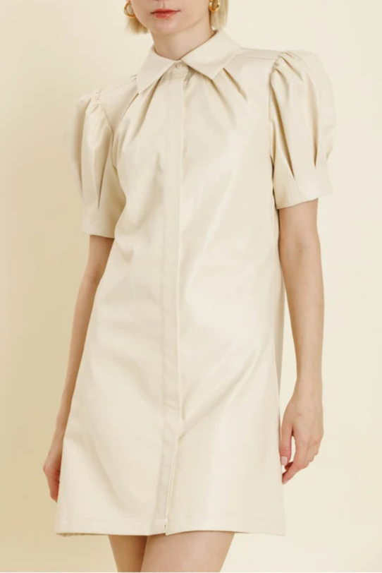WHITE PUFF SLEEVE LAPEL LEATHER MINI DRESS
