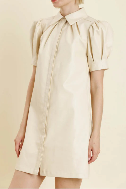 WHITE PUFF SLEEVE LAPEL LEATHER MINI DRESS