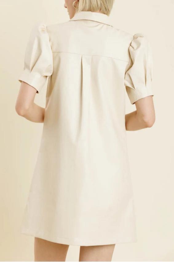 WHITE PUFF SLEEVE LAPEL LEATHER MINI DRESS