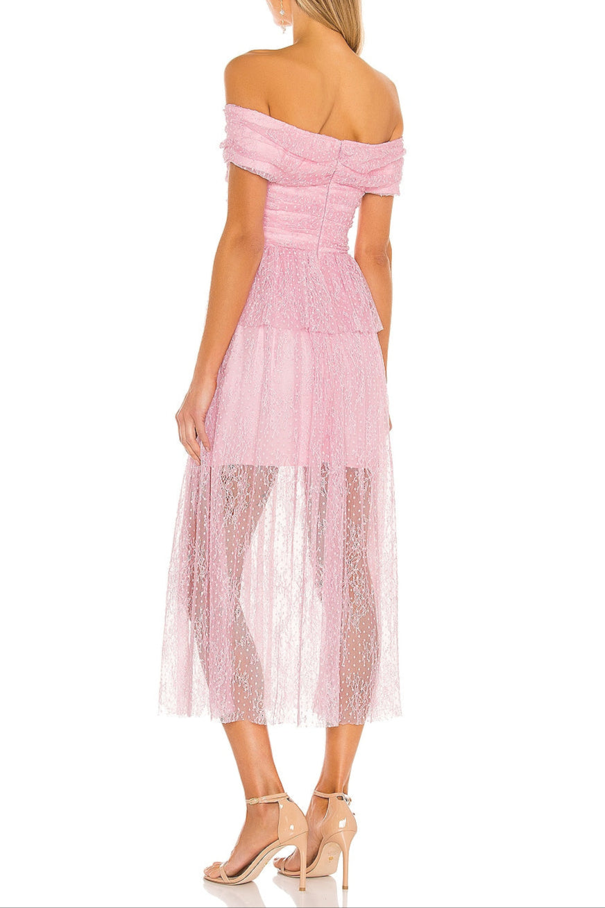 LACE CUTOUT STRAPLESS LILAC MIDI DRESS