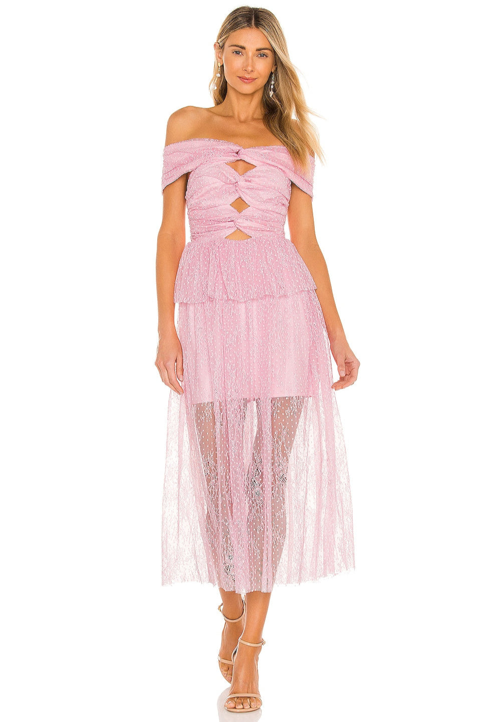 LACE CUTOUT STRAPLESS LILAC MIDI DRESS