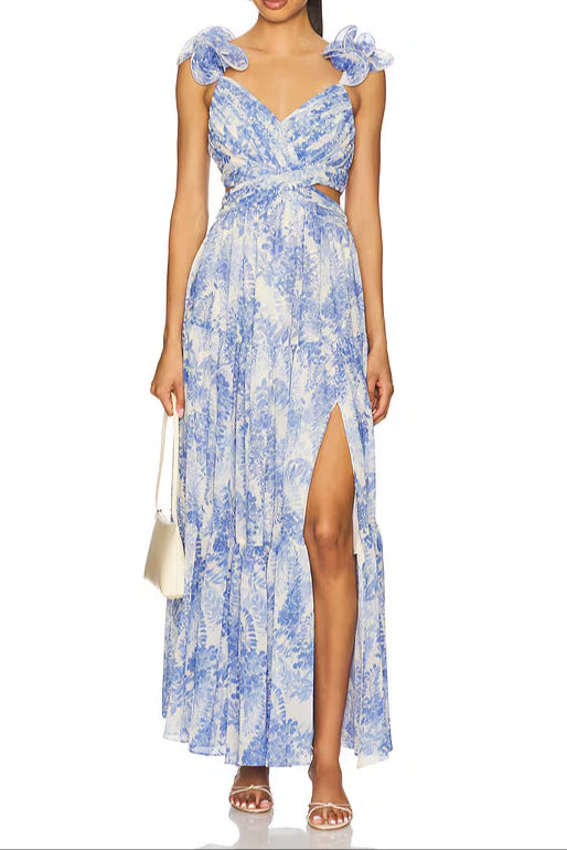 V-NECK FLORAL CUTOUT MAXI DRESS, BLUE