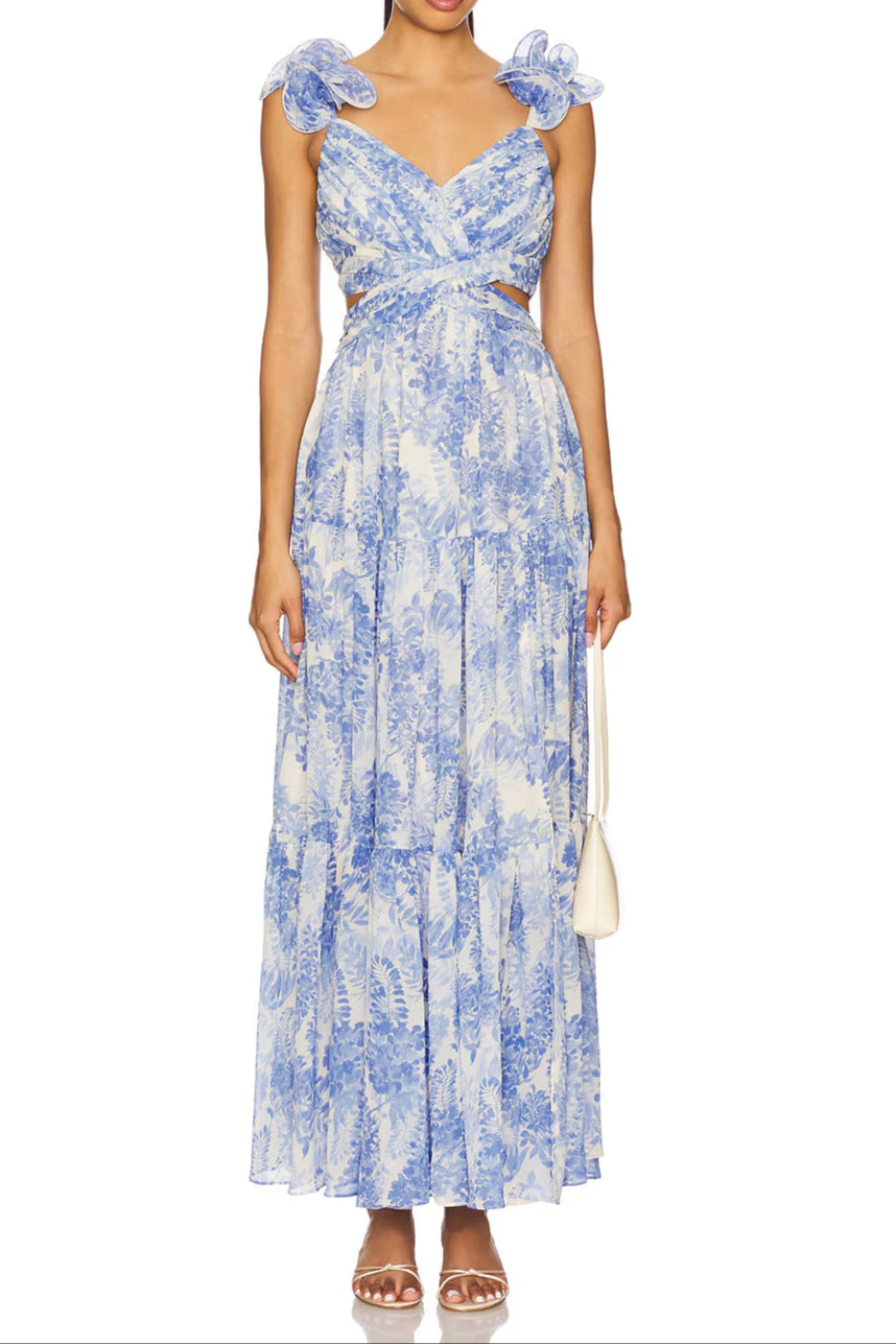 V-NECK FLORAL CUTOUT MAXI DRESS, BLUE