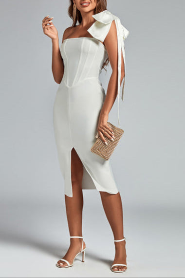 ONE-SHOULDER WHITE MIDI DRESS WITH BOW & SLIT