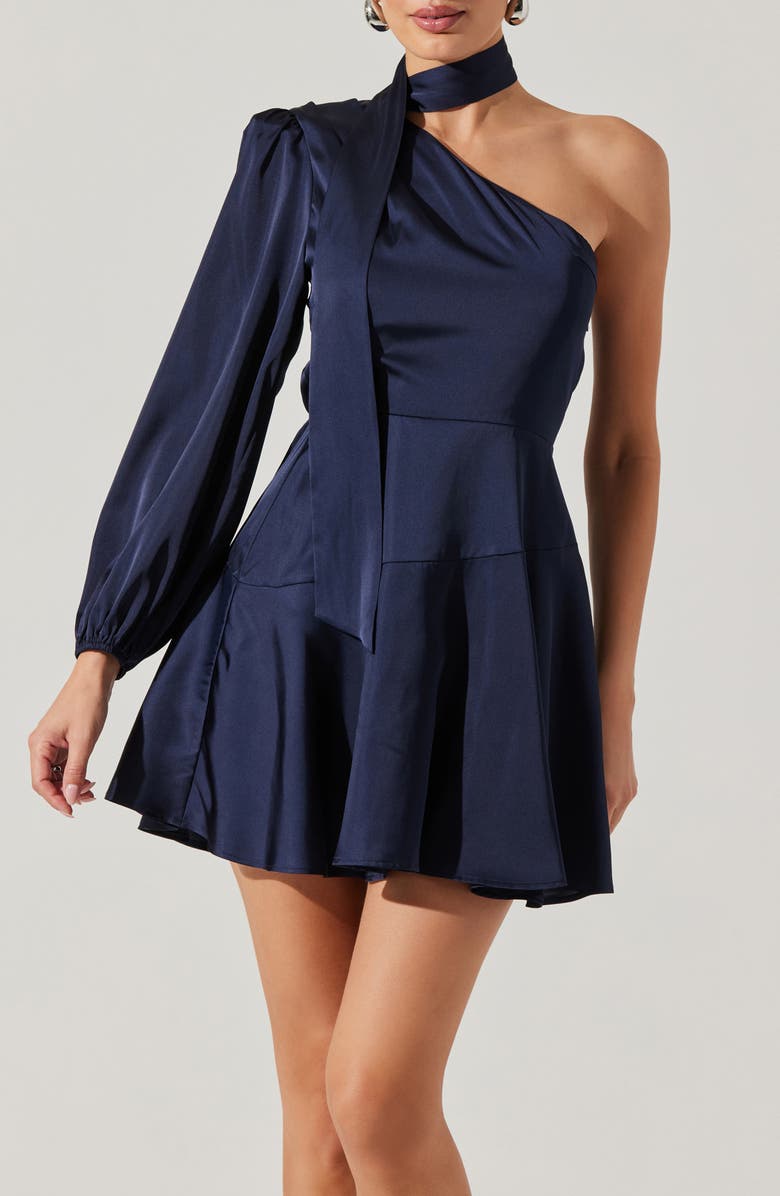 DEEP BLUE SATIN SCARF MINI SKATER DRESS