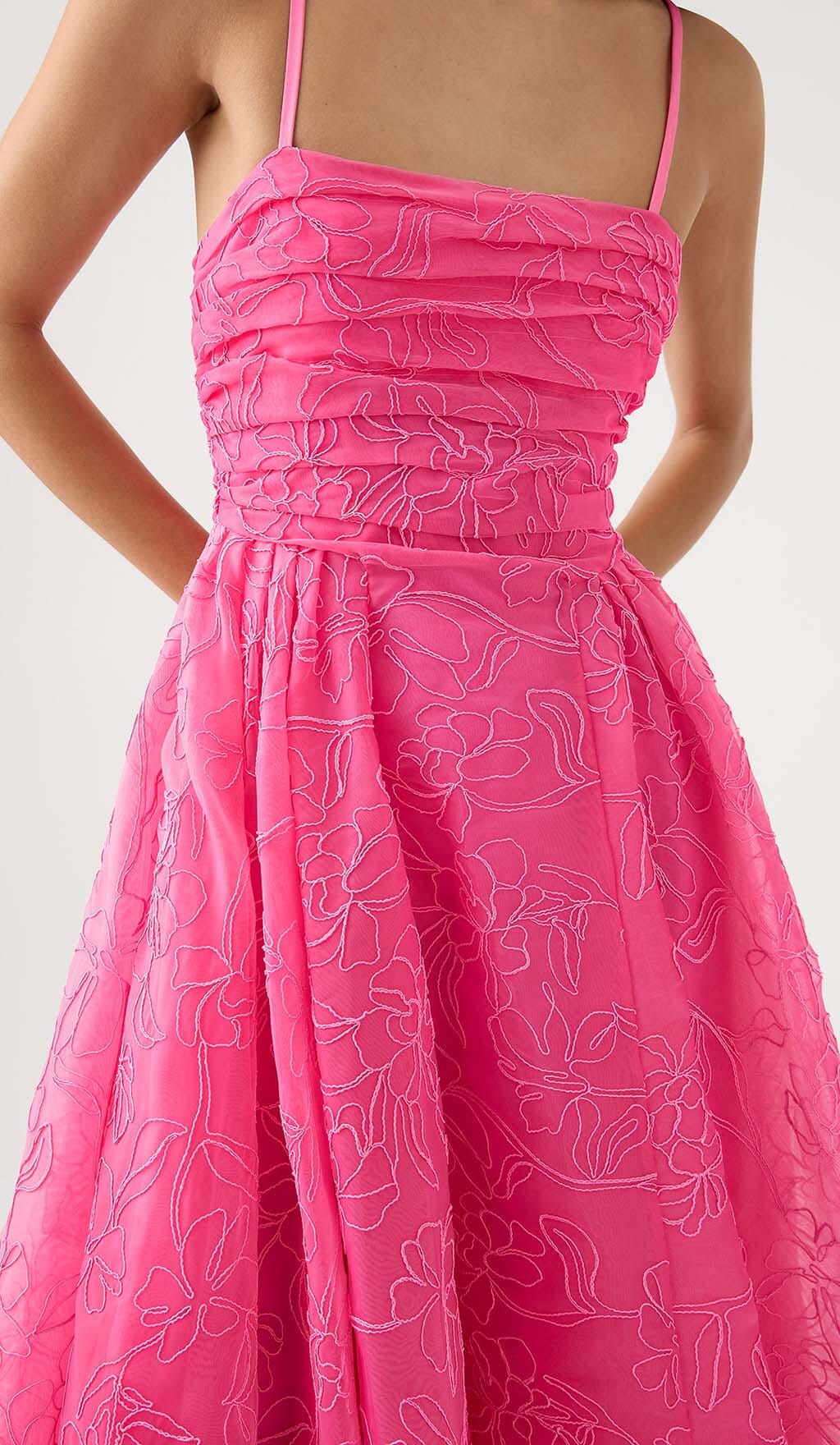 ASYMMETRIC ORGANZA GATHERED MAXI DRESS