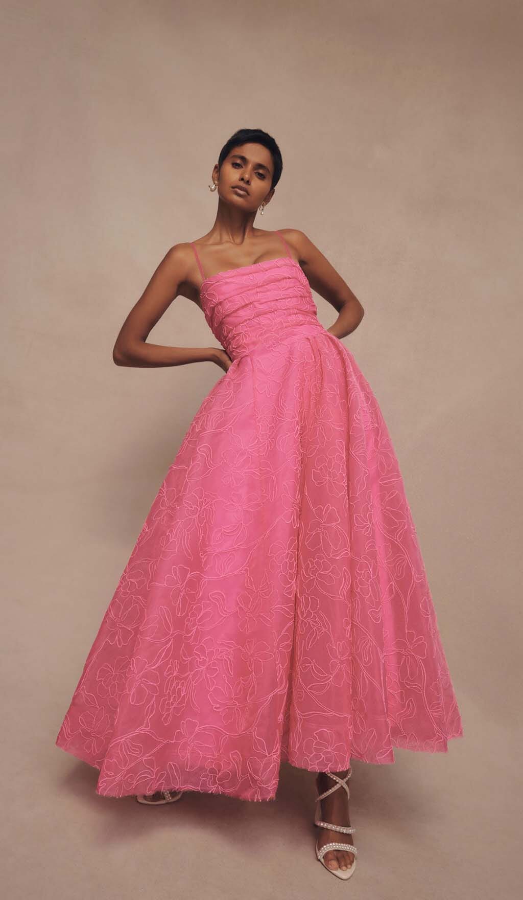 ASYMMETRIC ORGANZA GATHERED MAXI DRESS