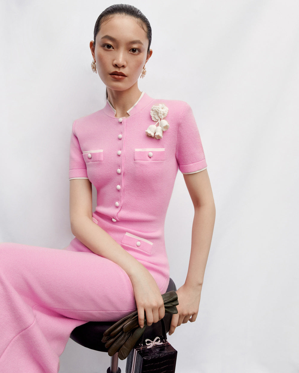 YVETTE PINK CROCHET FLOWER KNIT MIDI DRESS