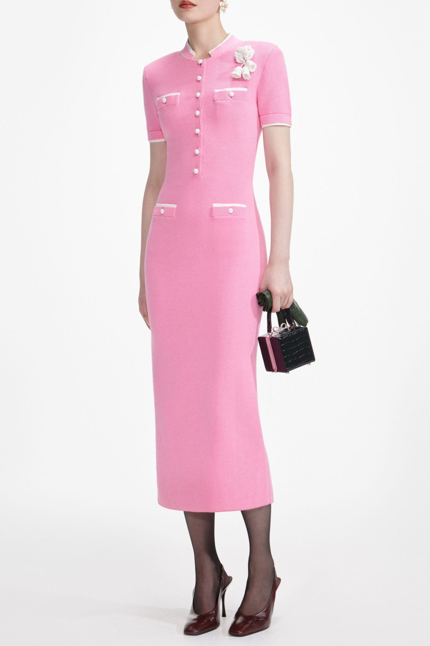 YVETTE PINK CROCHET FLOWER KNIT MIDI DRESS