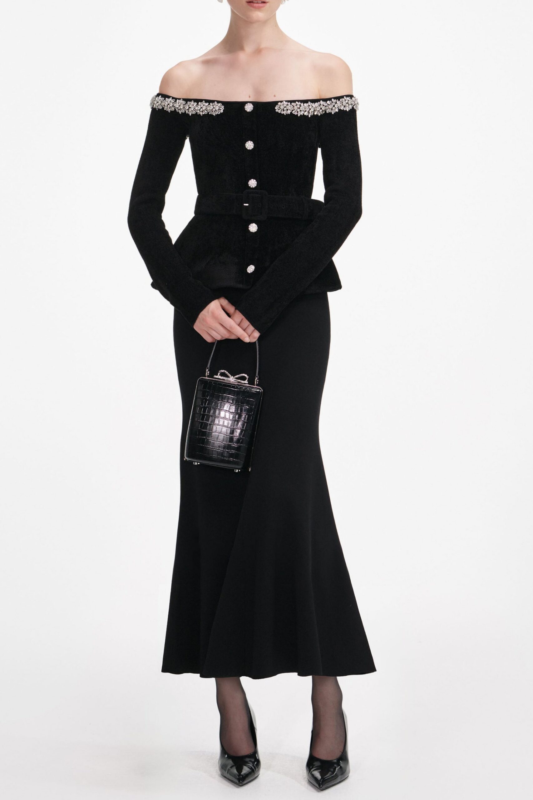 AW25-010MB-B_1 XAVIERA BLACK MIDI DRESS CRYSTAL TRIM KNIT