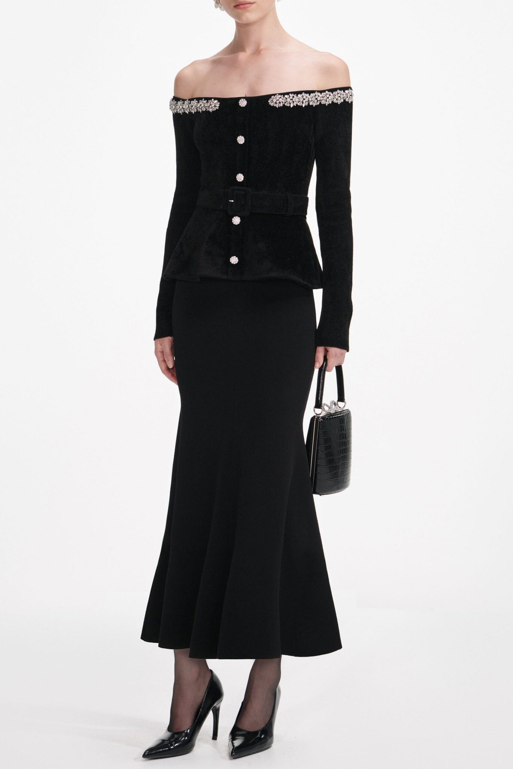XAVIERA BLACK MIDI DRESS CRYSTAL TRIM KNIT