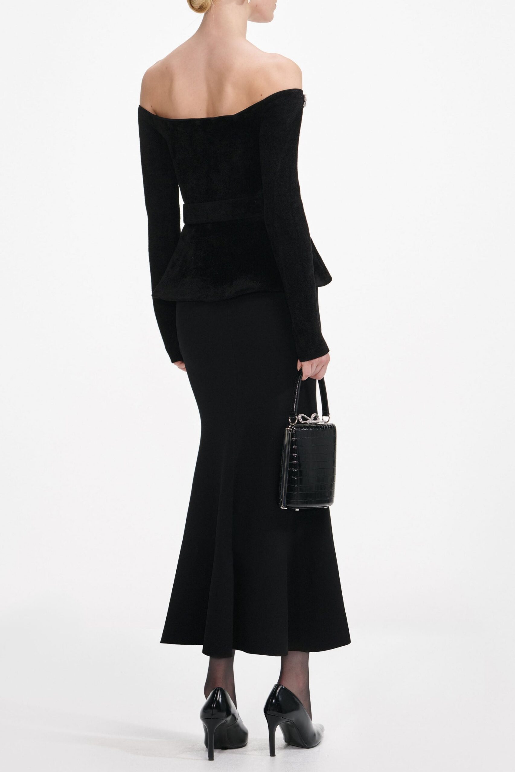 XAVIERA BLACK MIDI DRESS CRYSTAL TRIM KNIT