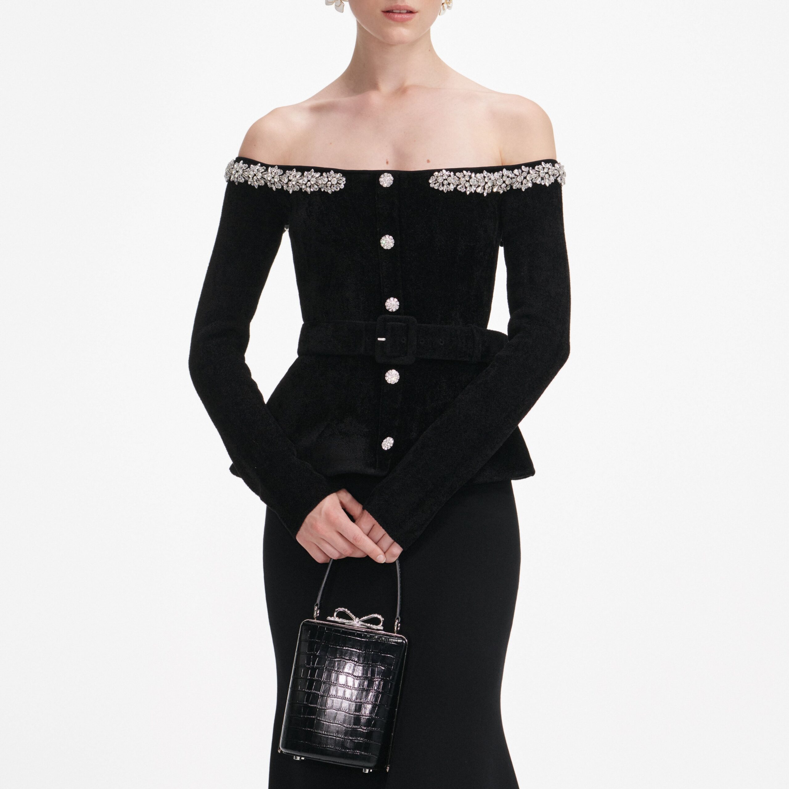 XAVIERA BLACK MIDI DRESS CRYSTAL TRIM KNIT