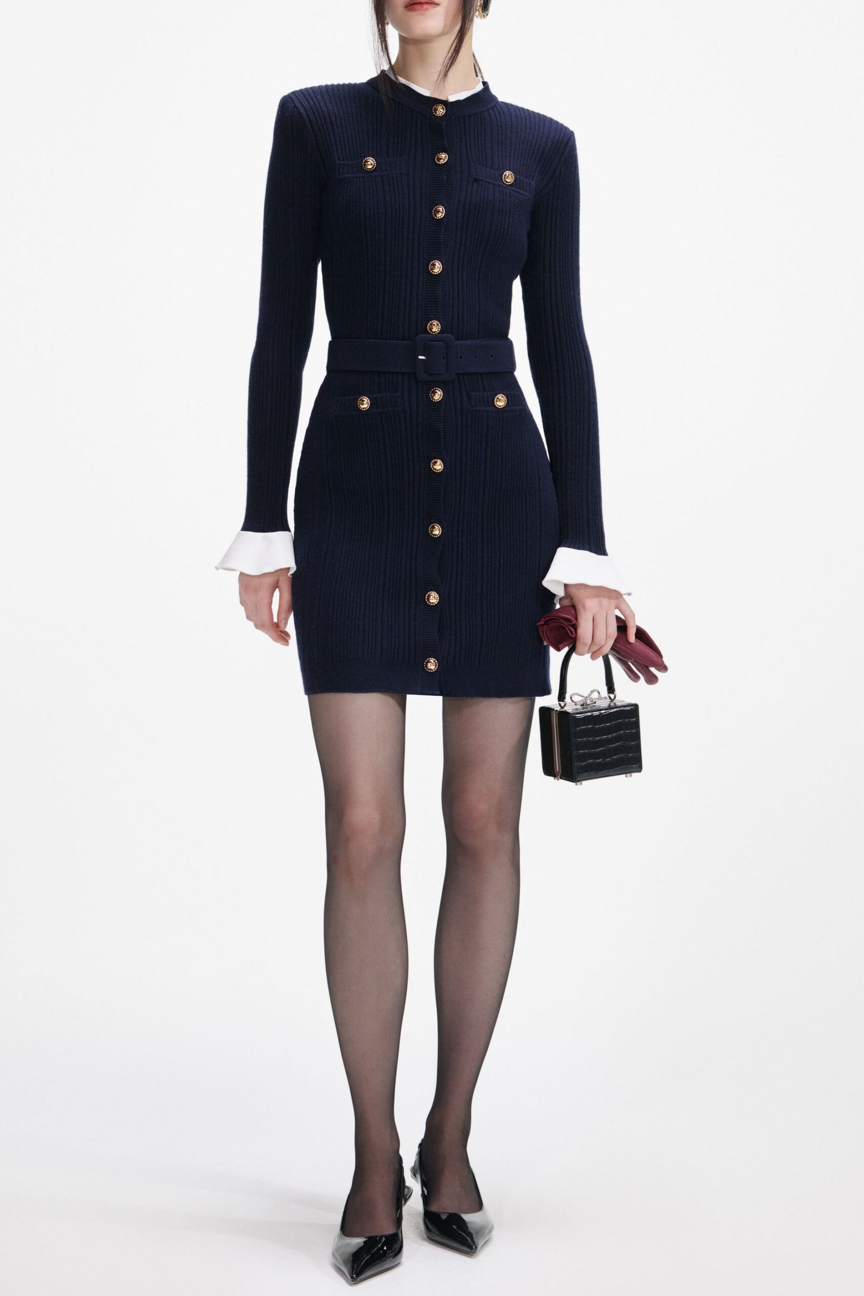 AW25-016SA-N_1 CARLIN NAVY KNIT MINI DRESS FOR COCKTAIL PARTY