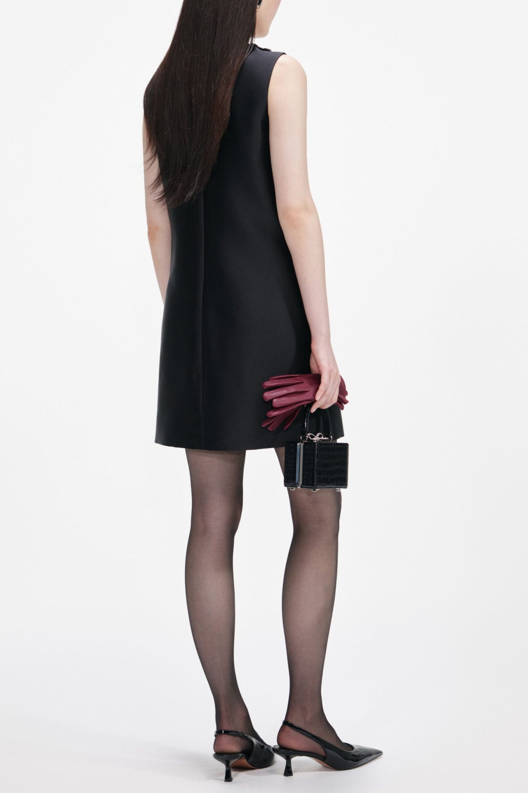 MAGGIE BLACK TAFFETA MINI DRESS WITH EMBELLISHED TRIM
