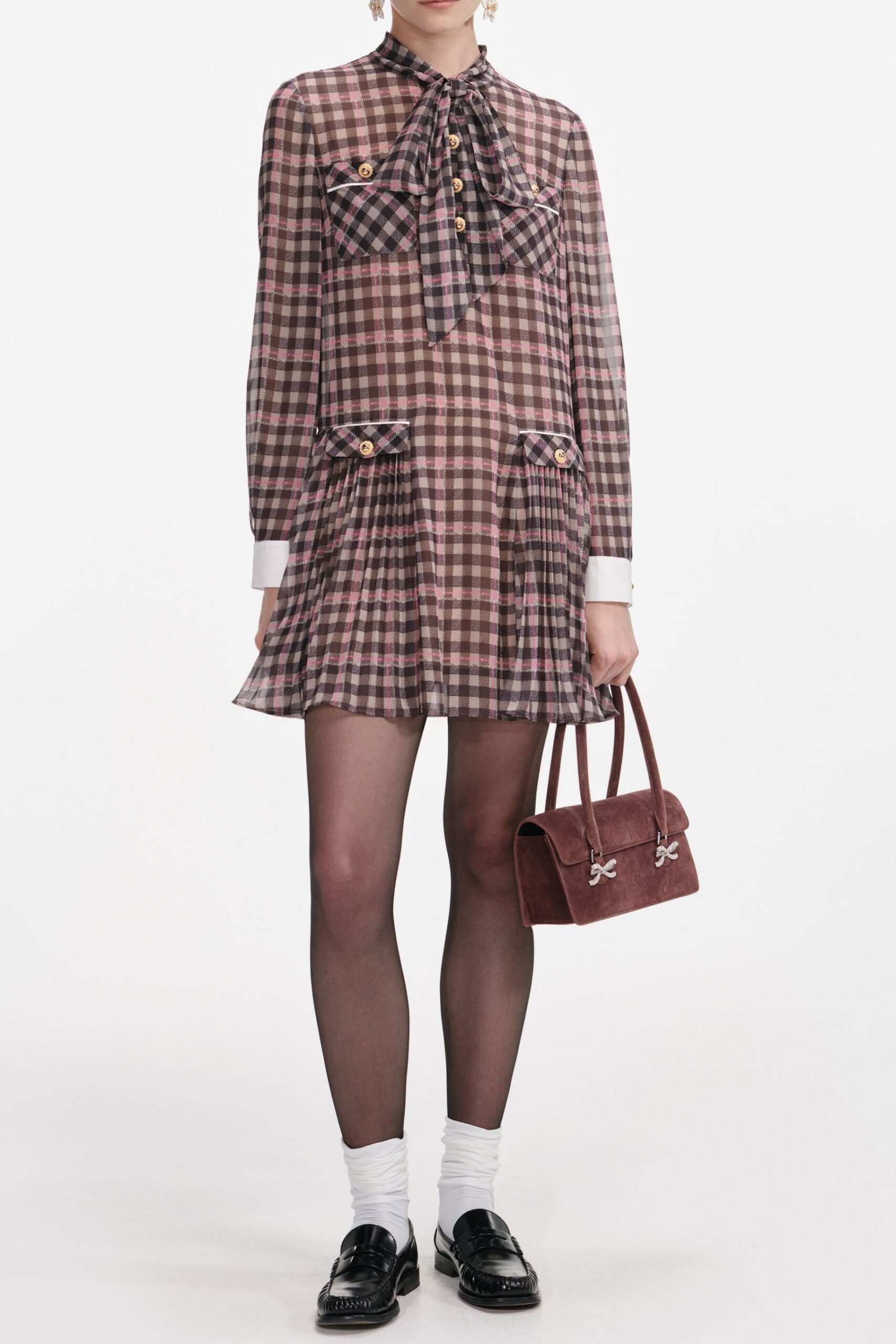 FRANCES BROWN CHECK CHIFFON MINI DRESS