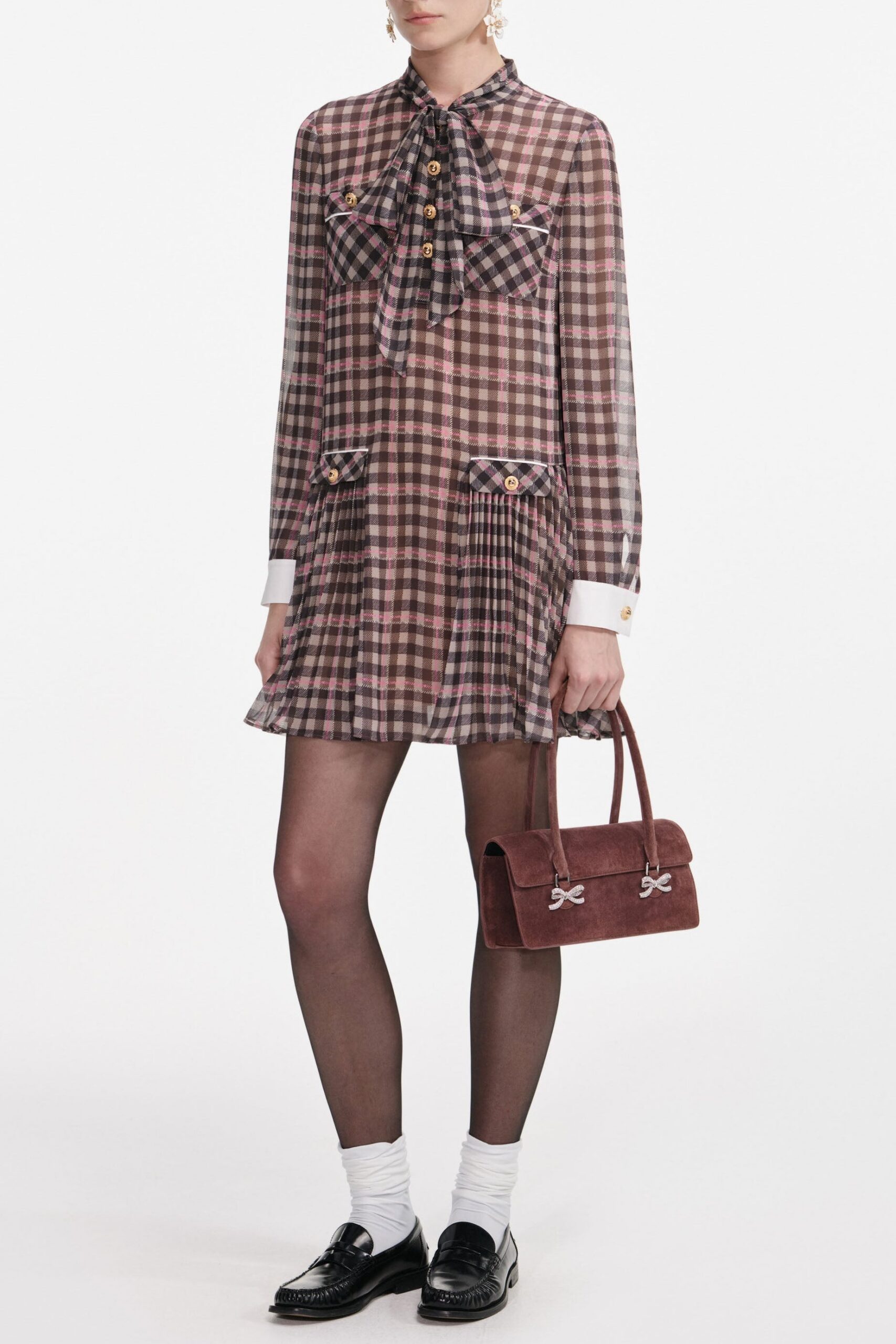 AW25-071S-BR_2 FRANCES BROWN CHECK CHIFFON MINI DRESS