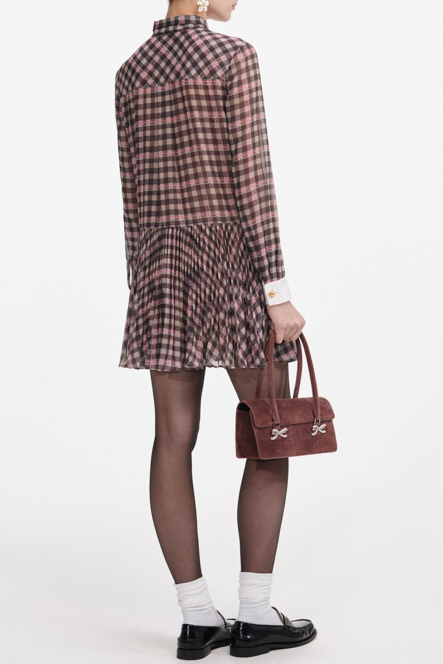 AW25-071S-BR_3 FRANCES BROWN CHECK CHIFFON MINI DRESS