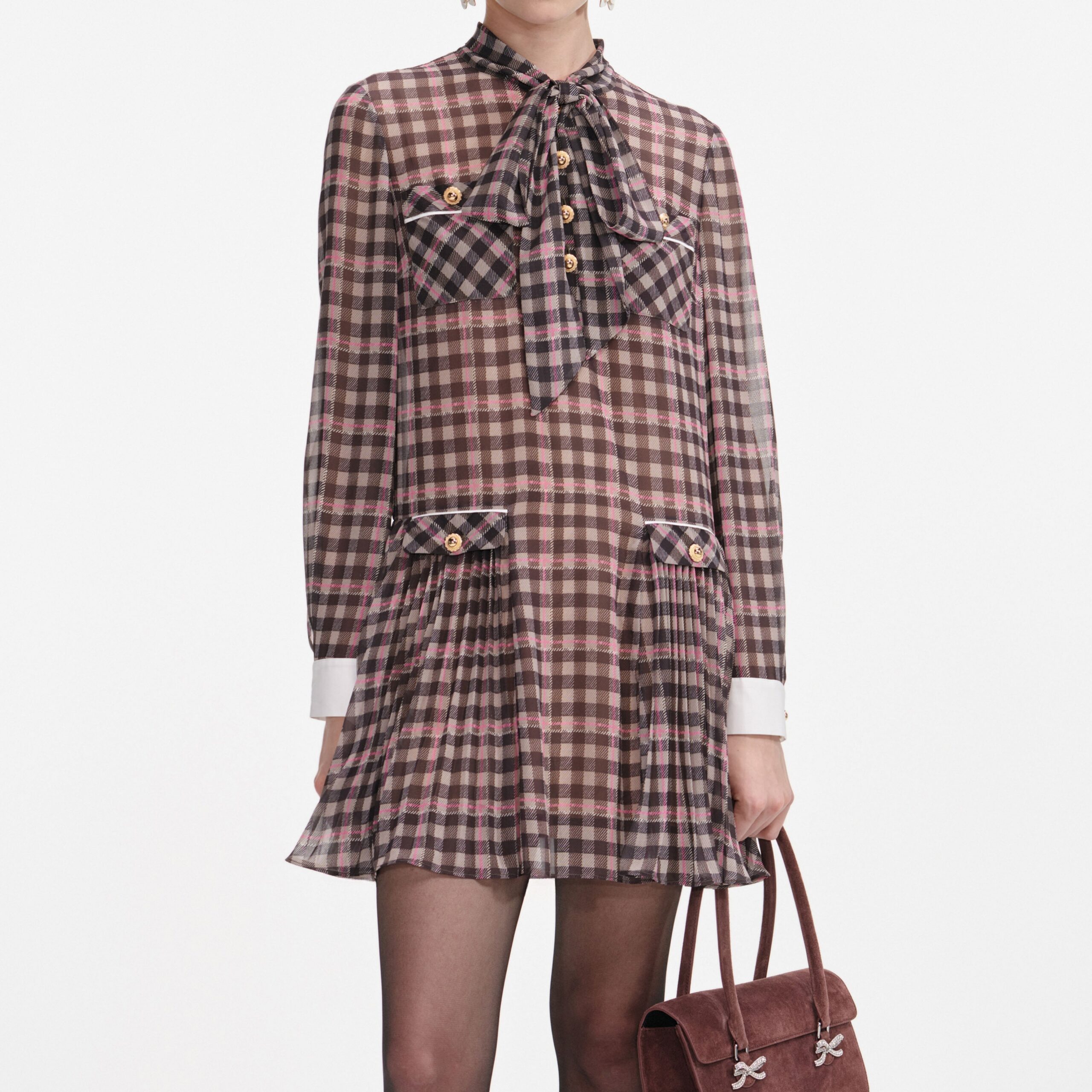 AW25-071S-BR_4 FRANCES BROWN CHECK CHIFFON MINI DRESS