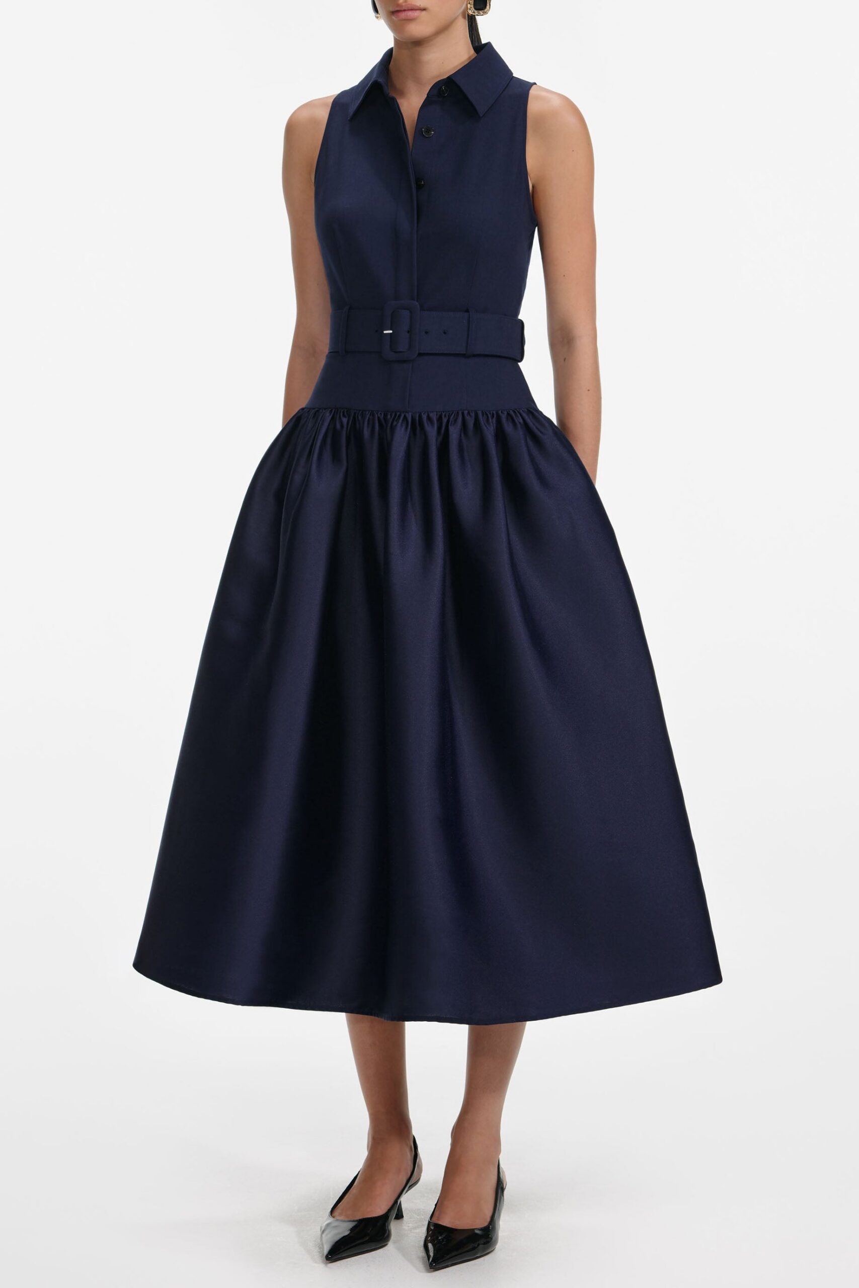 NAOMI NAVY BELTED TWILL MIDI DRESS