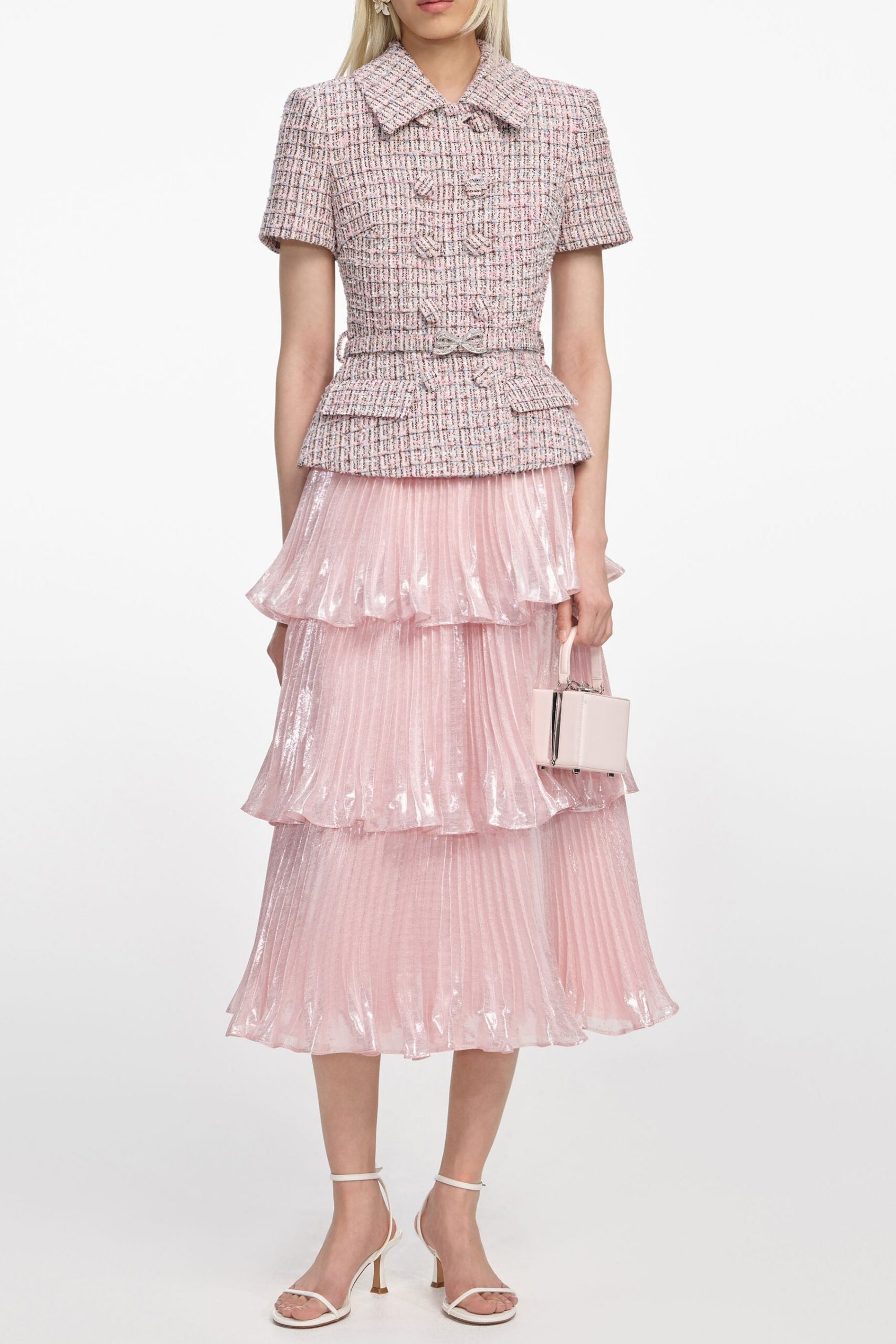 BEULAH PINK BOUCLE METALLIC TIERED MIDI DRESS