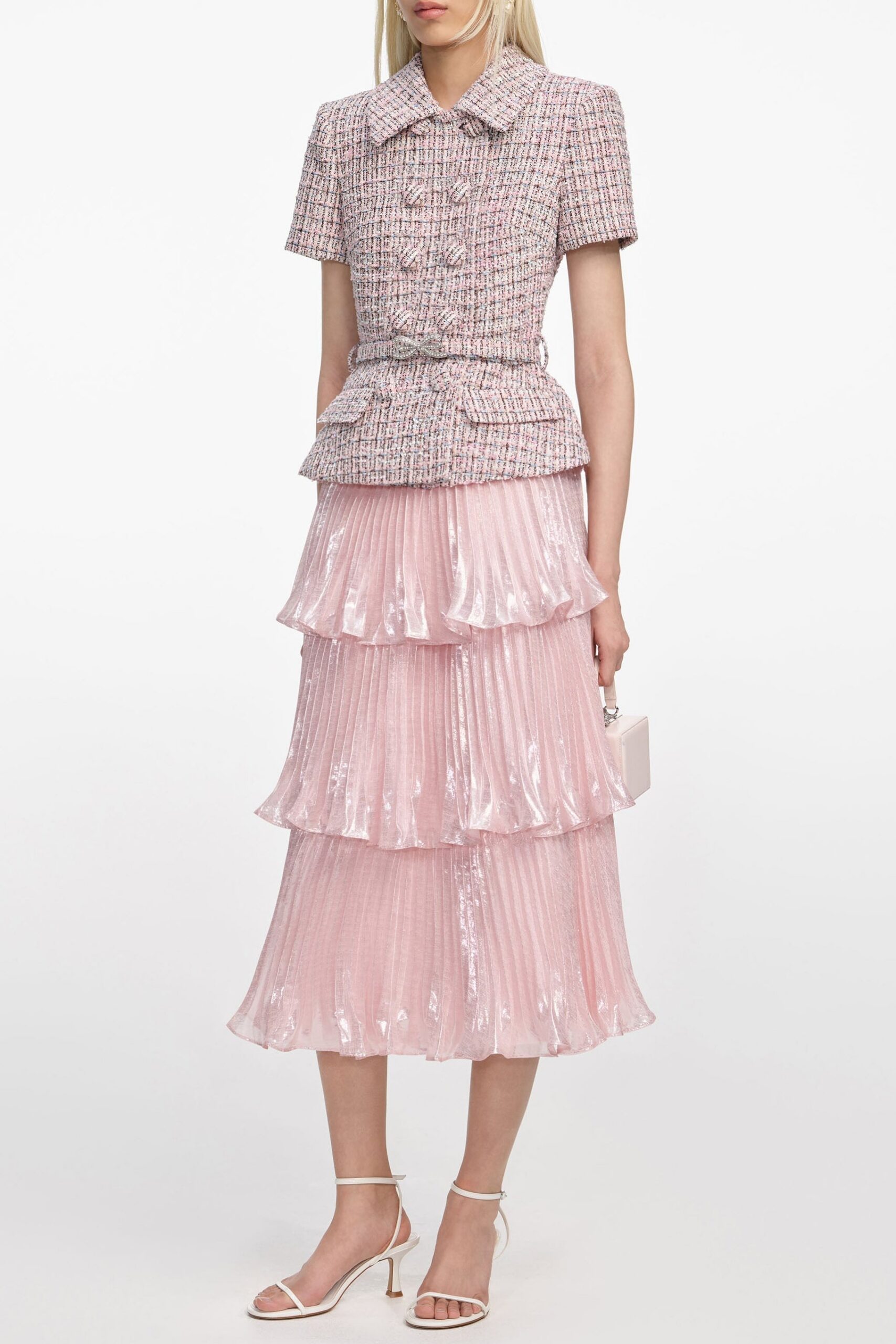 BEULAH PINK BOUCLE METALLIC TIERED MIDI DRESS