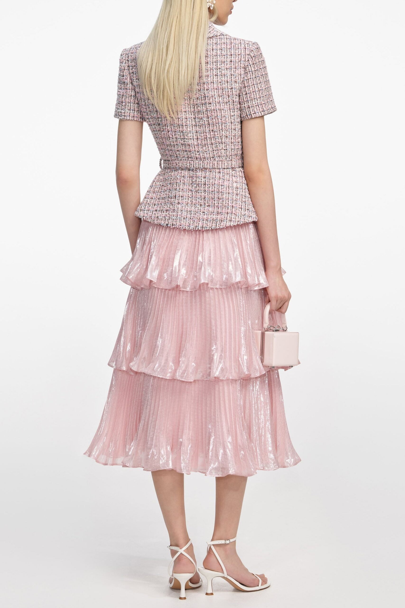 BEULAH PINK BOUCLE METALLIC TIERED MIDI DRESS