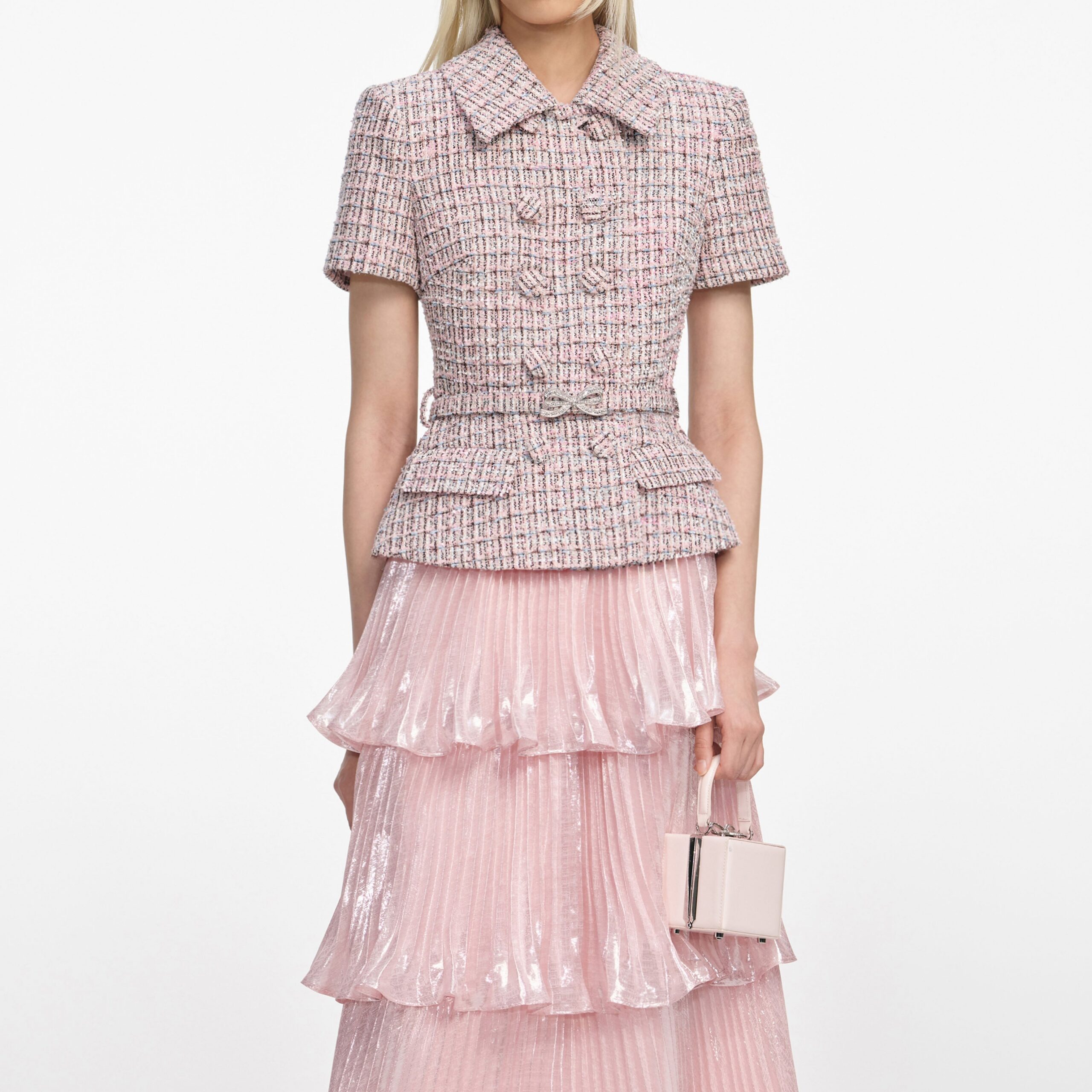 BEULAH PINK BOUCLE METALLIC TIERED MIDI DRESS