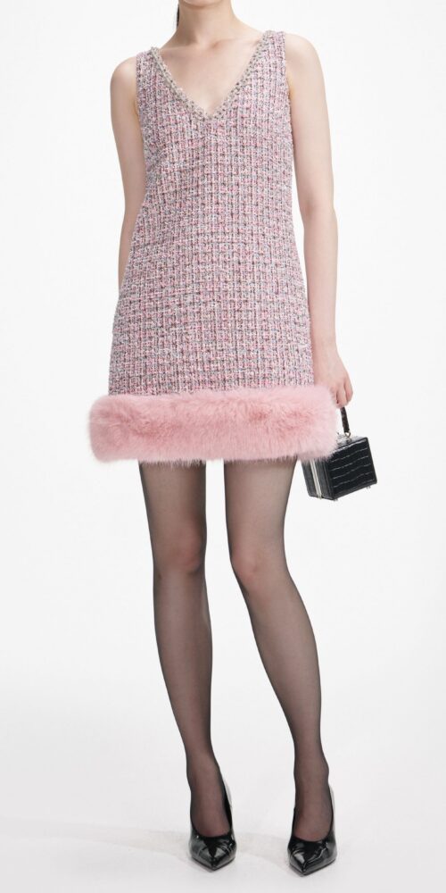 rosemary Pink Boucle Fur Hem Mini Dress rosemary Pink Boucle Fur Hem Mini Dress