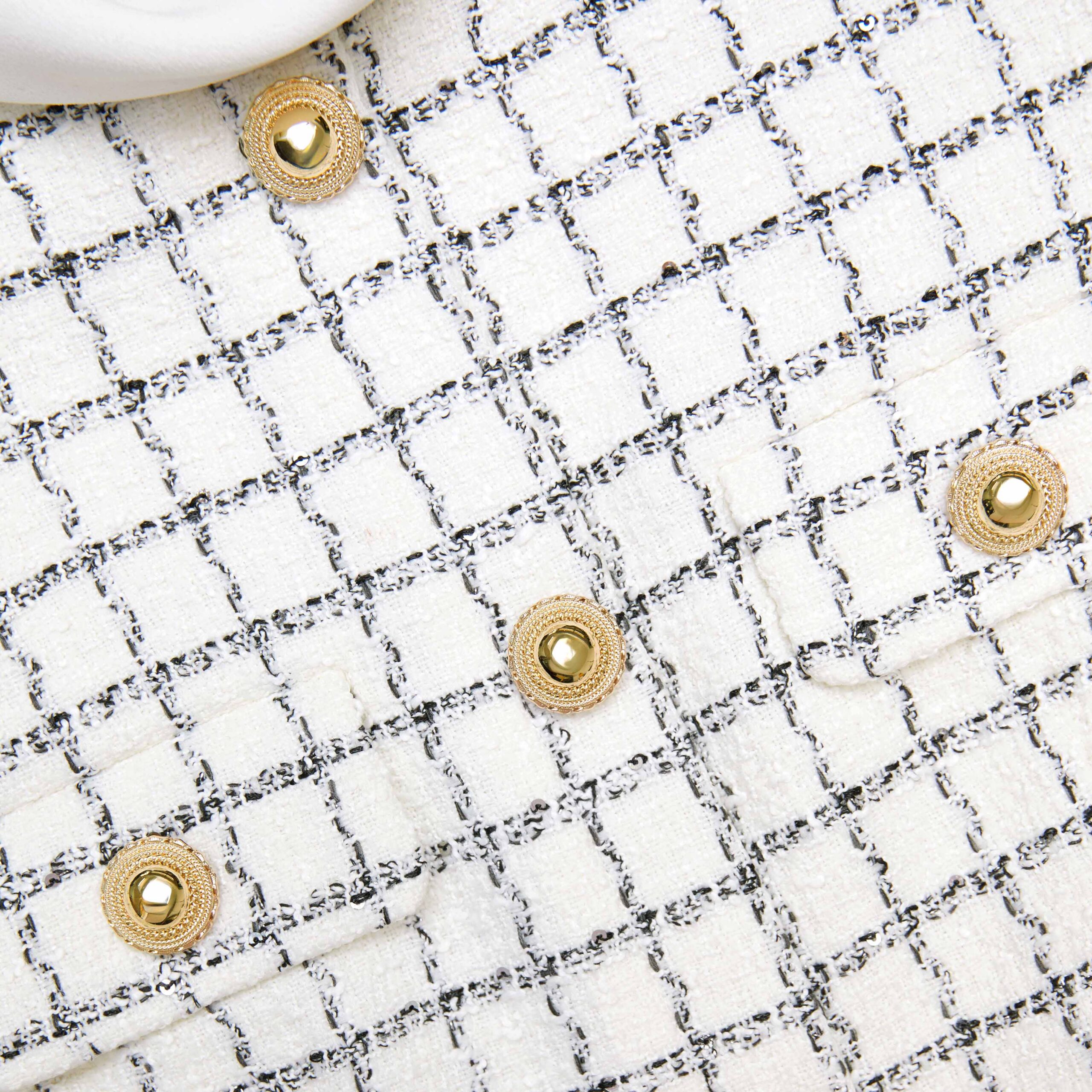 WHITE DECORATIVE BUTTON CHECK MINI DRESS FOR PARTY