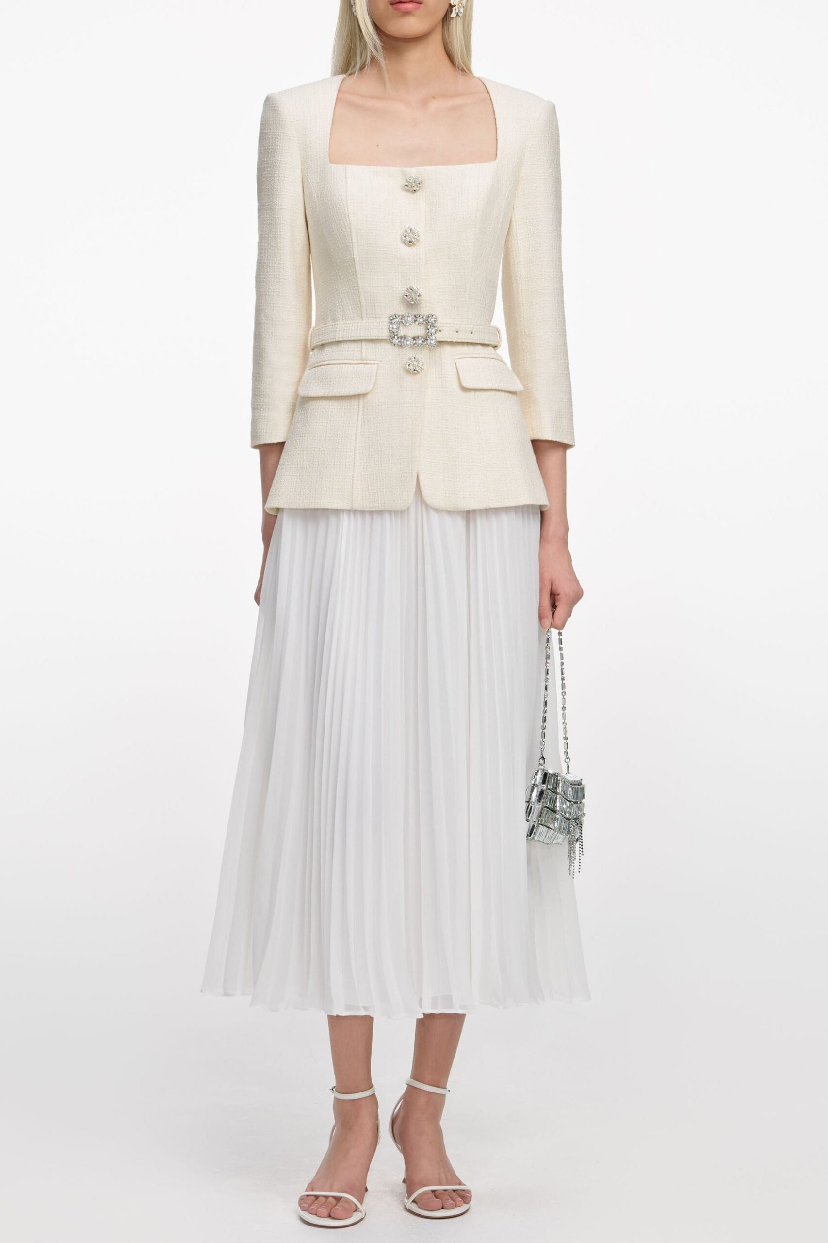YURI CREAM BOUCLE LONG CHIFFON MIDI DRESS