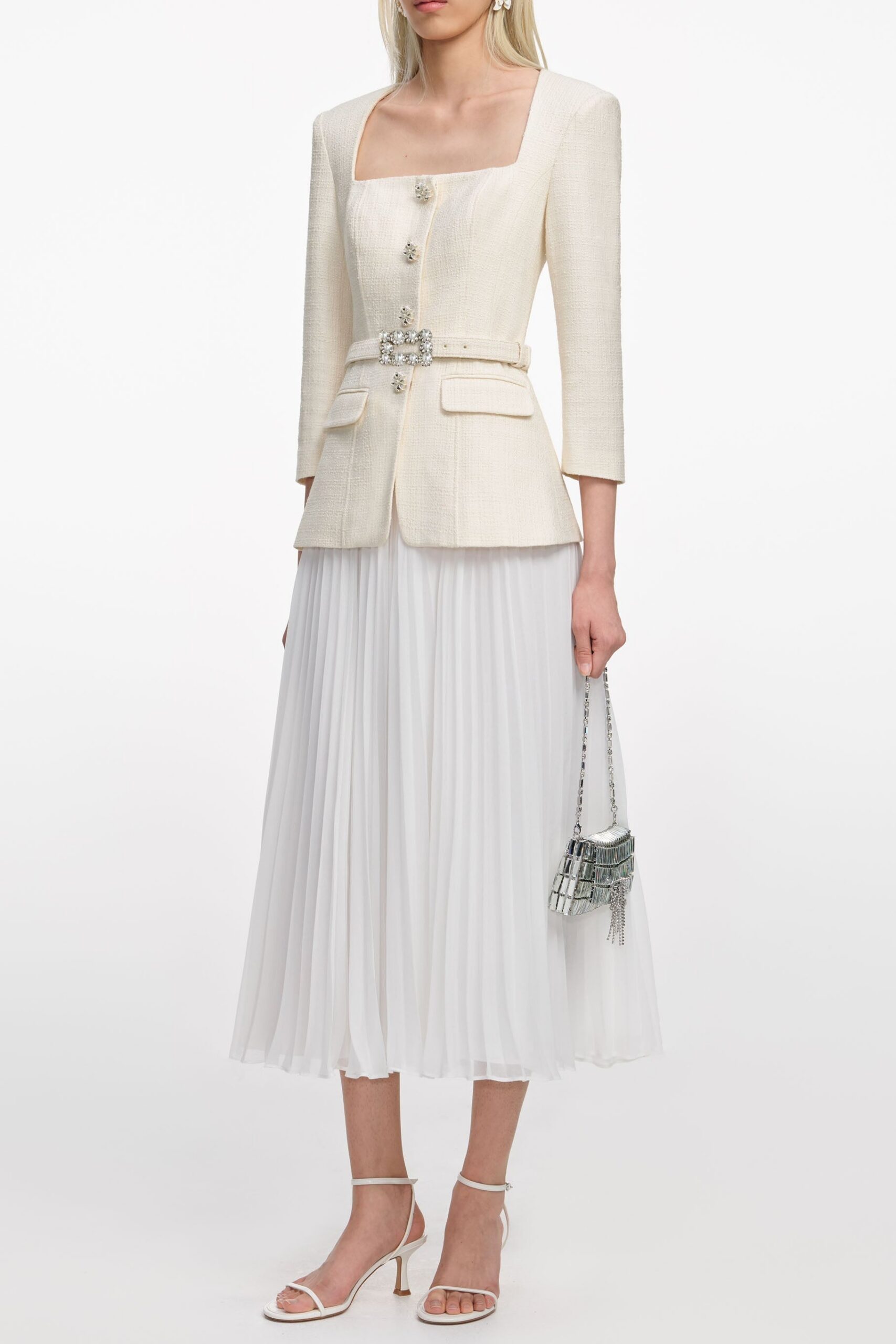 YURI CREAM BOUCLE LONG CHIFFON MIDI DRESS