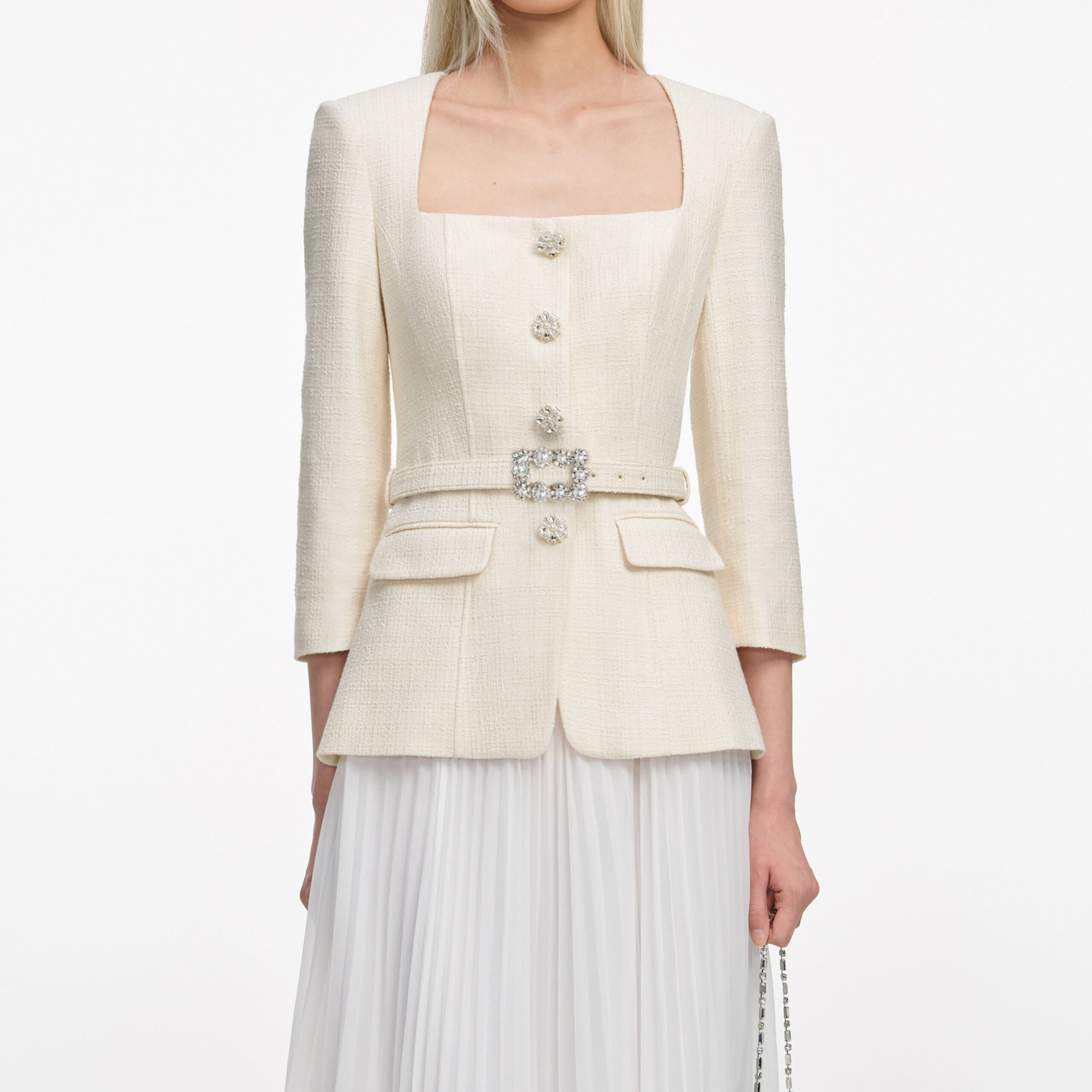 YURI CREAM BOUCLE LONG CHIFFON MIDI DRESS