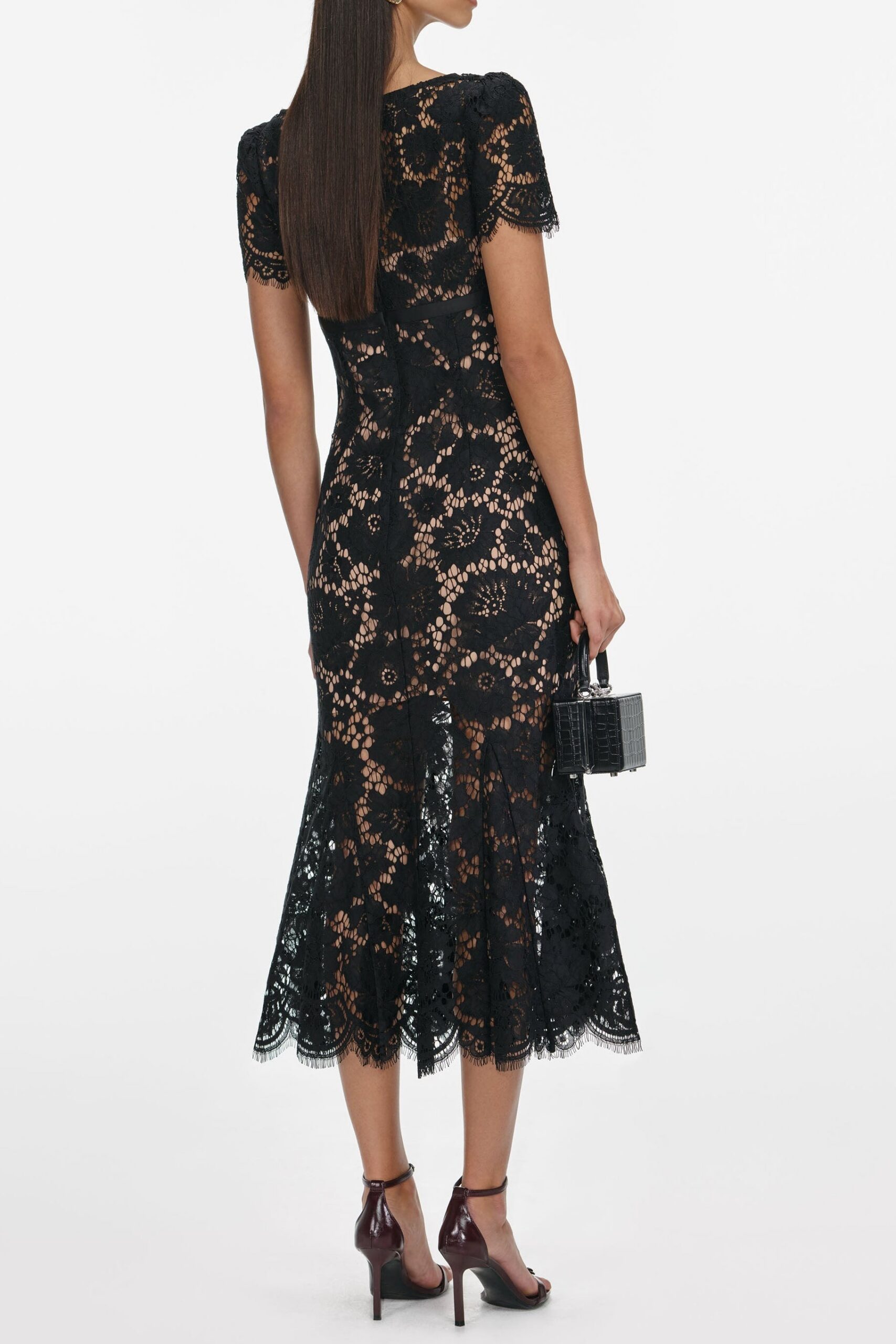 BLACK MIDI DRESS WITH FLORAL LACE DETAIL