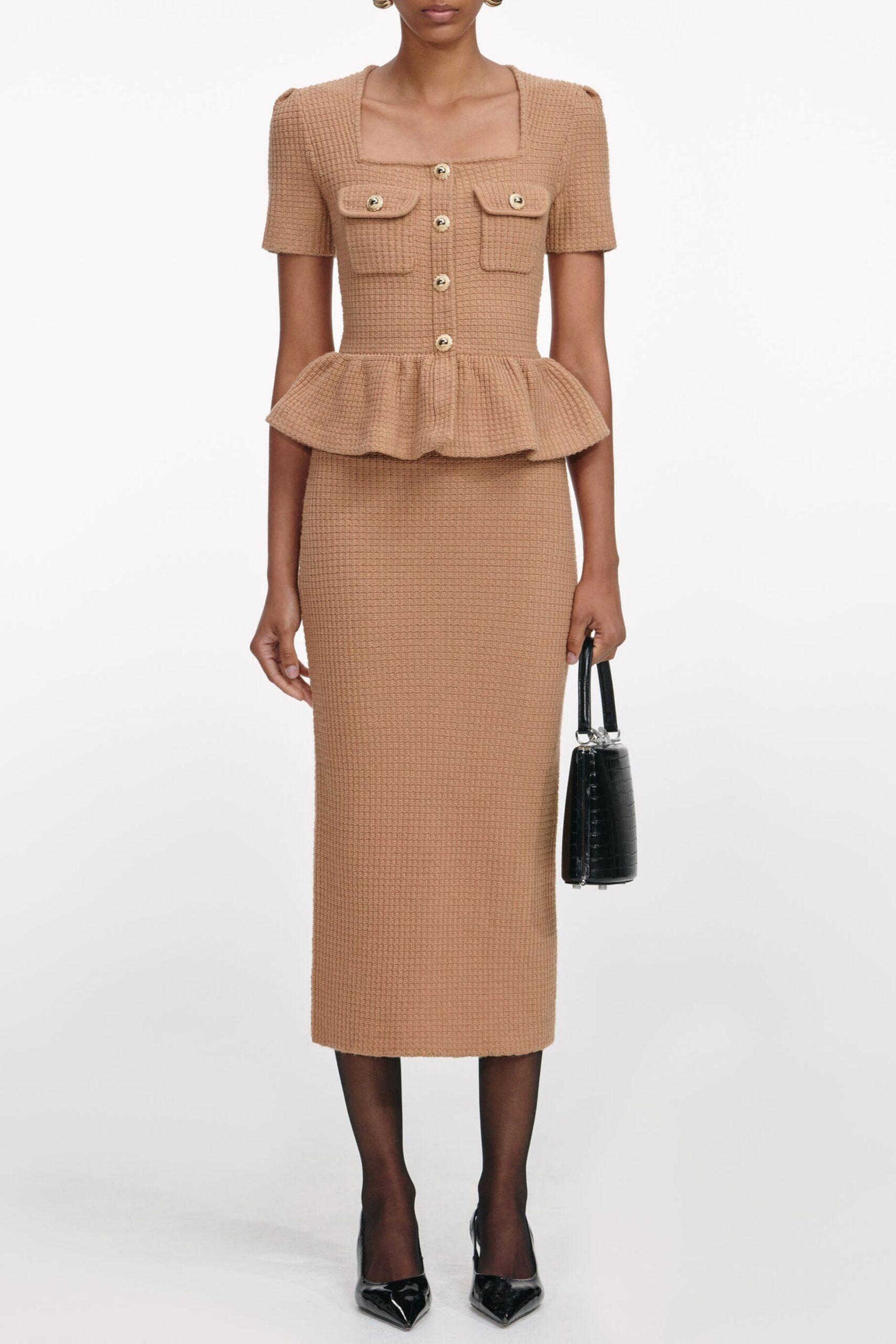 AW25-921M-BR_1 NATALIE CAMEL PEPLUM KNIT MIDI DRESS