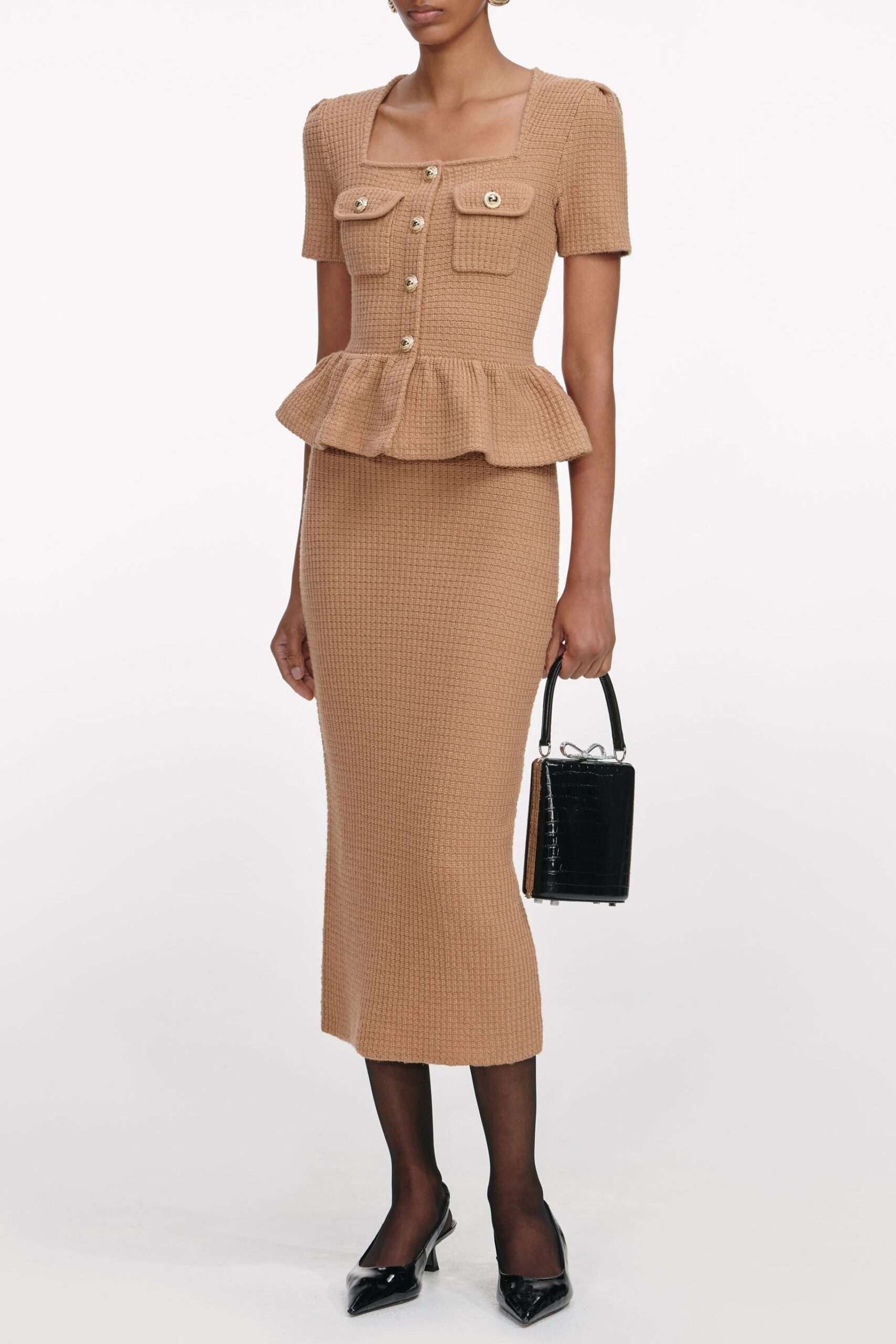 NATALIE CAMEL PEPLUM KNIT MIDI DRESS