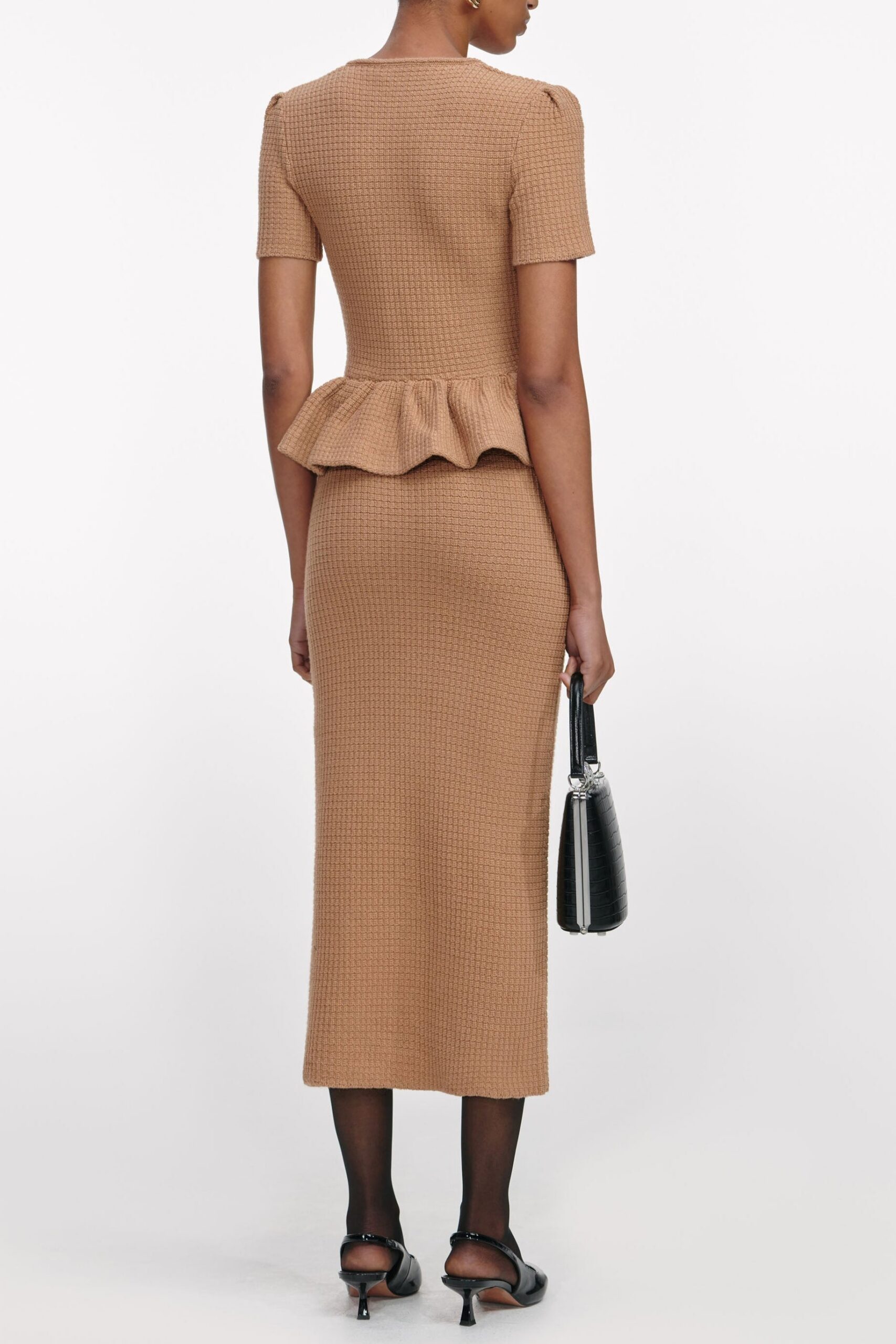 NATALIE CAMEL PEPLUM KNIT MIDI DRESS