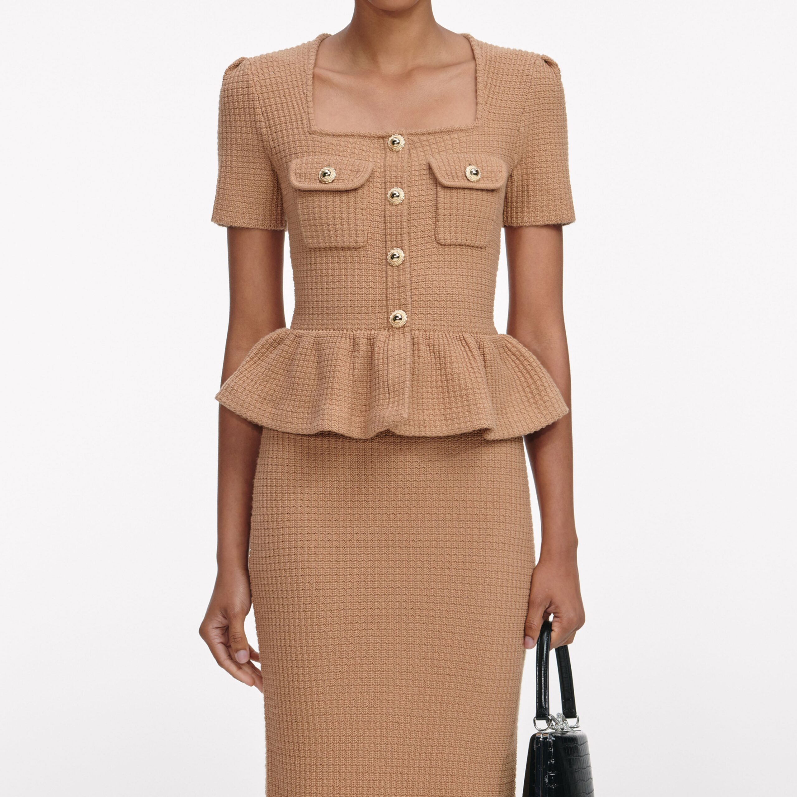 NATALIE CAMEL PEPLUM KNIT MIDI DRESS