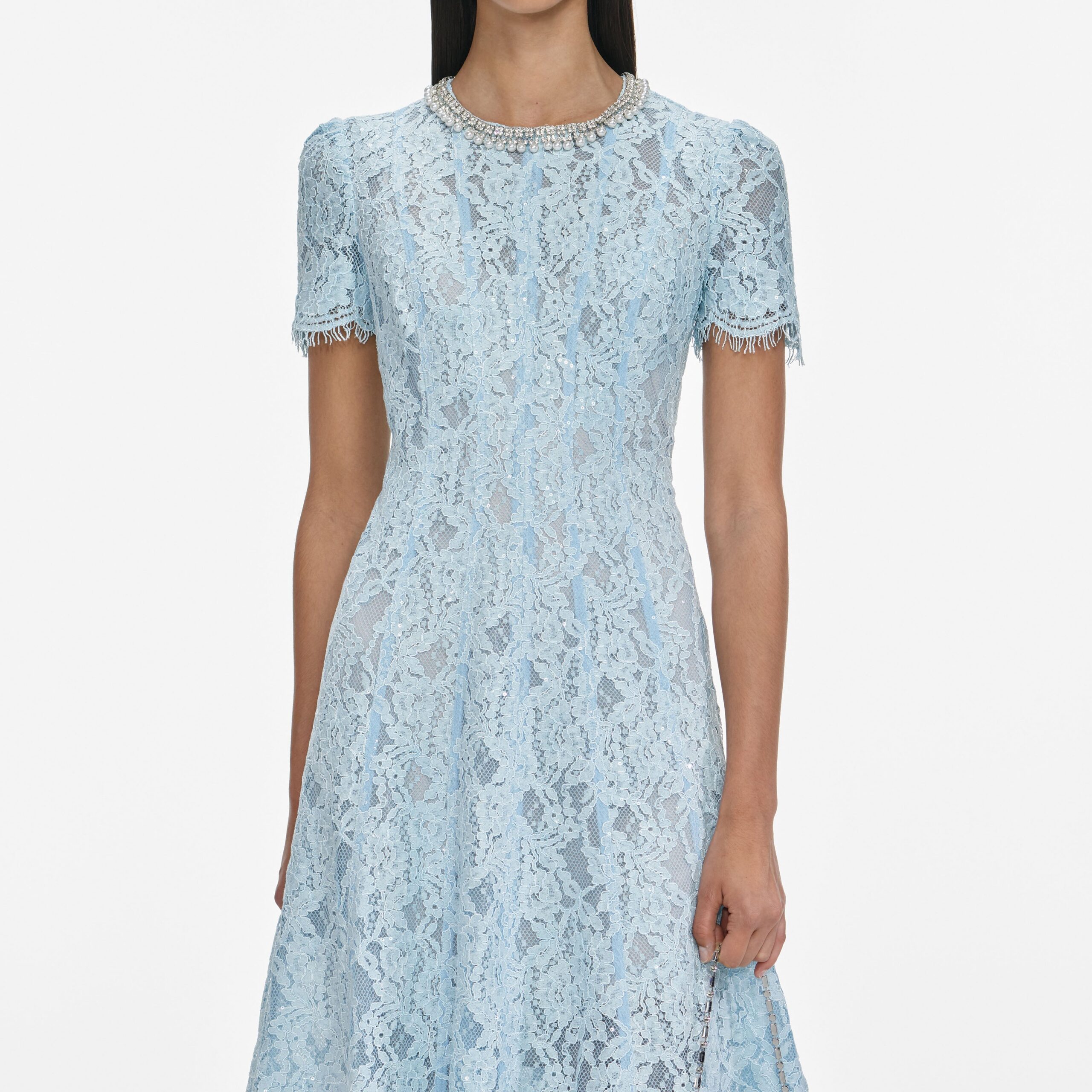 VALERIE BLUE LACE MIDI DRESS, EMBELLISHED PARTY